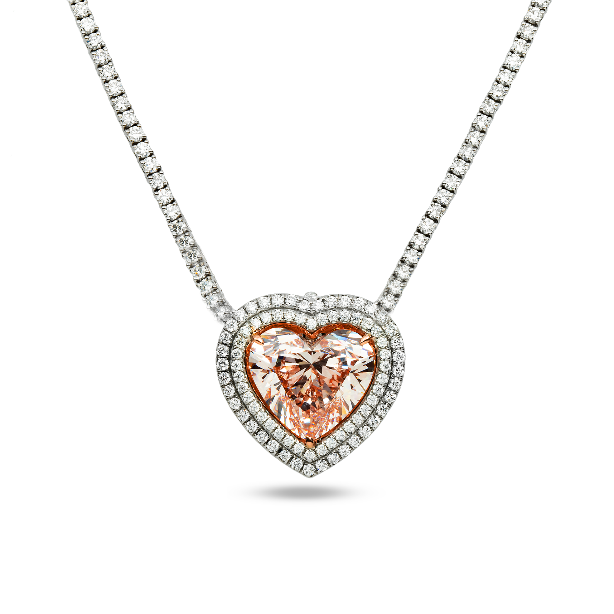 Platinum & 14K White Gold Heart Cut Fancy Pink Diamond Necklace 11.23ct