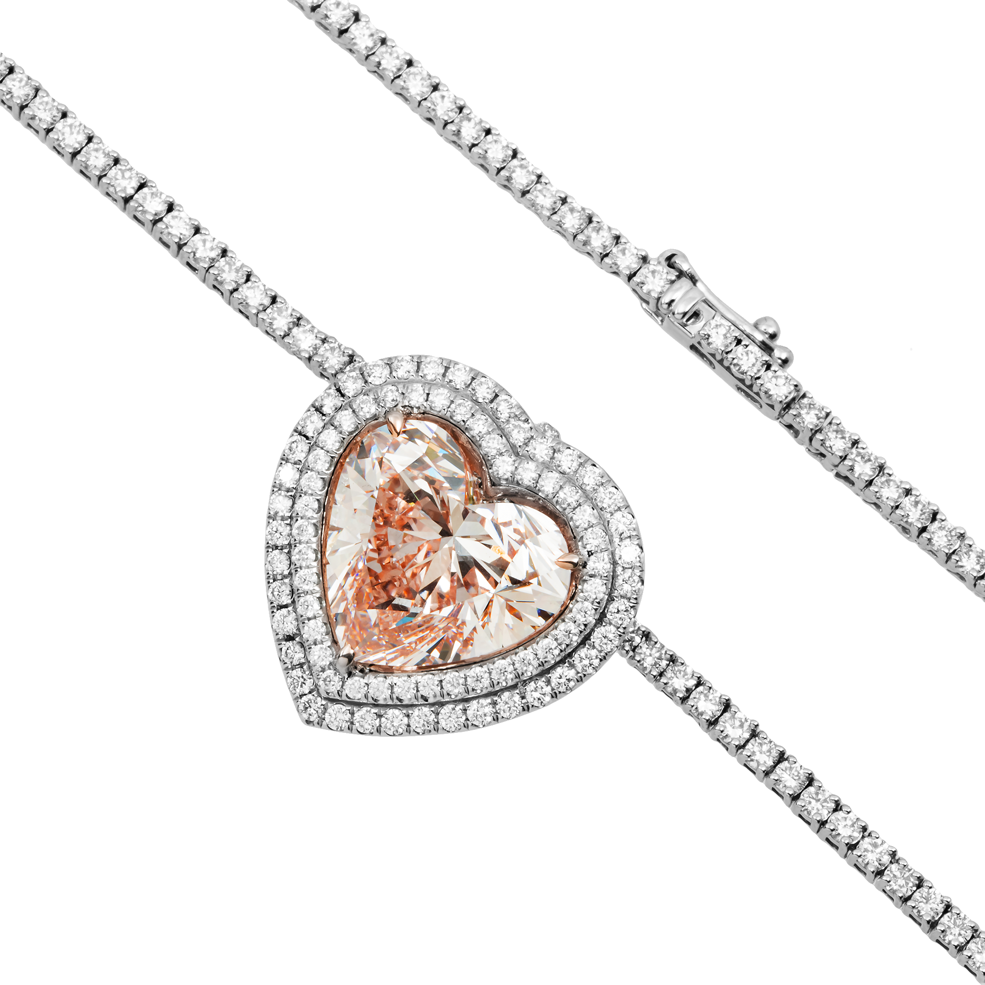 Platinum & 14K White Gold Heart Cut Fancy Pink Diamond Necklace 11.23ct