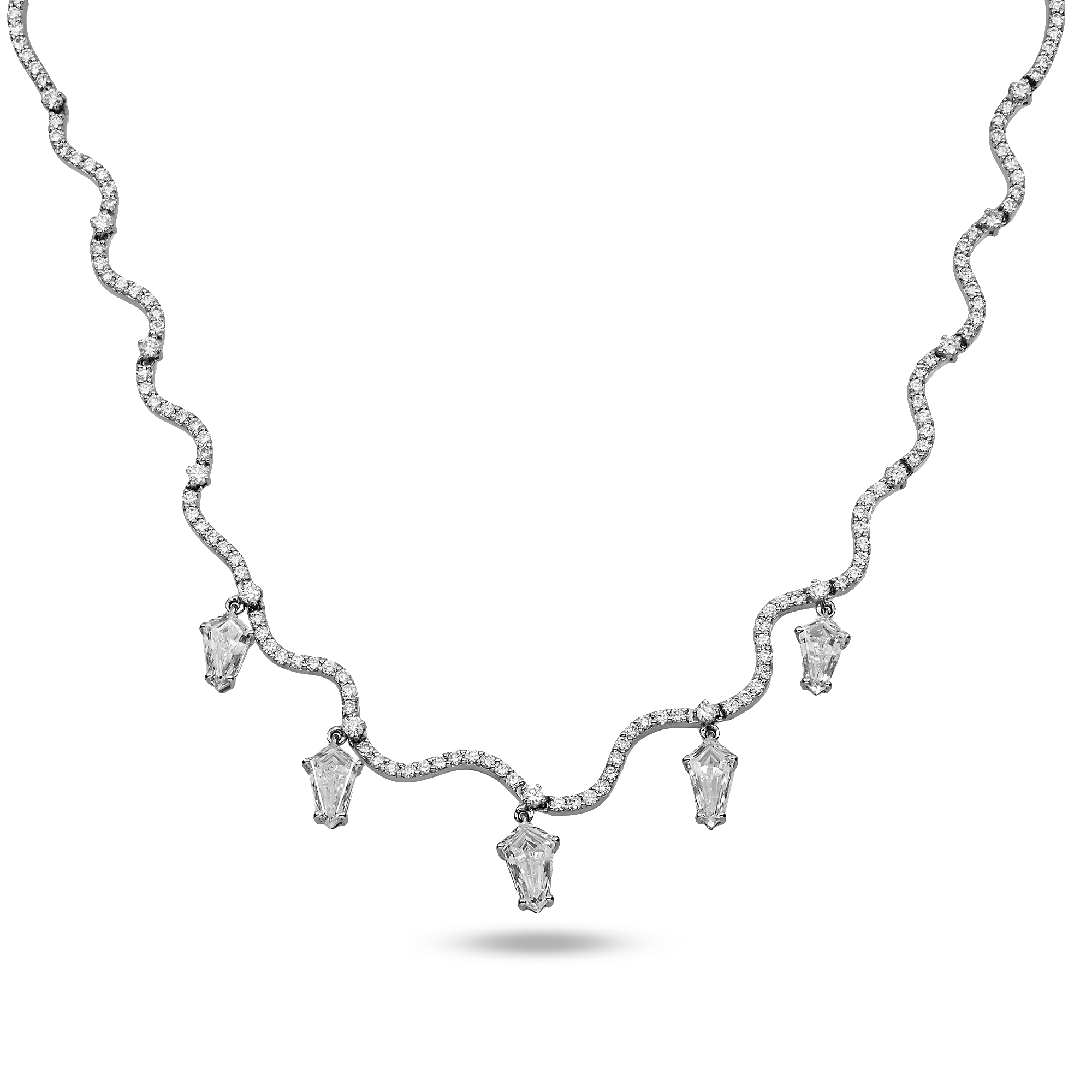 14K White Gold Step Cut Kite & Roud Diamond Falling Rain Necklace 5.73ct