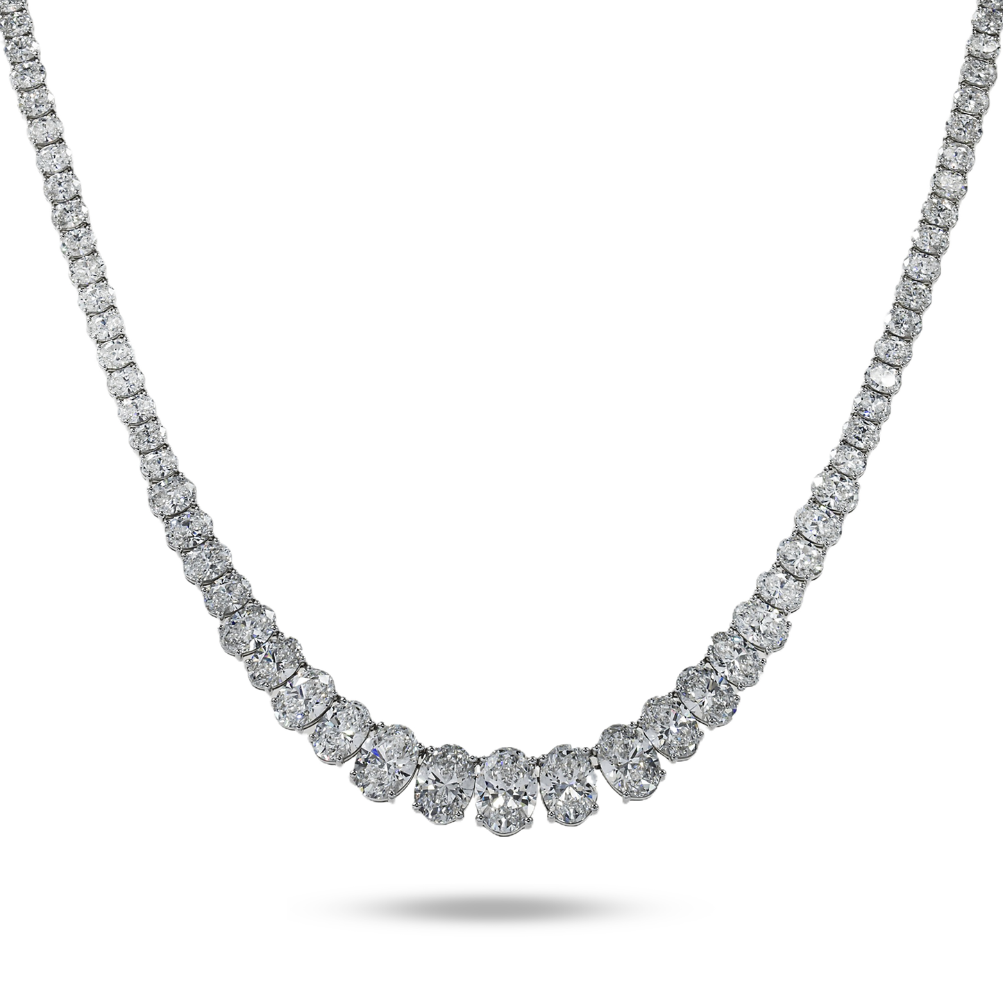 14K White Gold Graduated Oval Cut Diamond Necklace 37.37ct