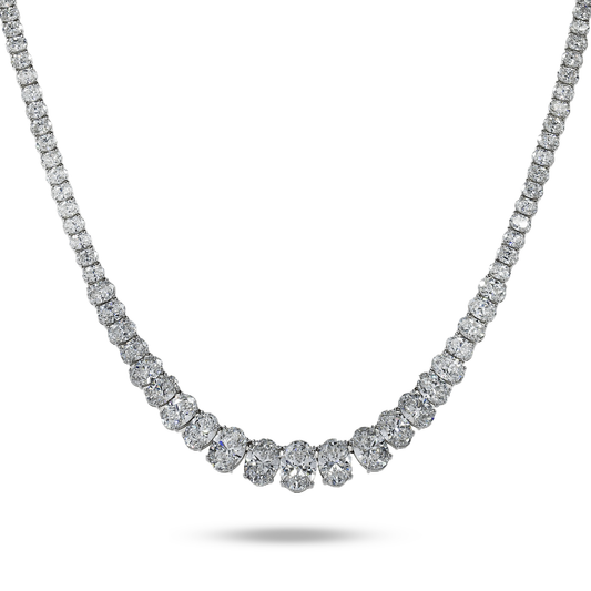 14K White Gold Graduated Oval Cut Diamond Necklace 37.37ct