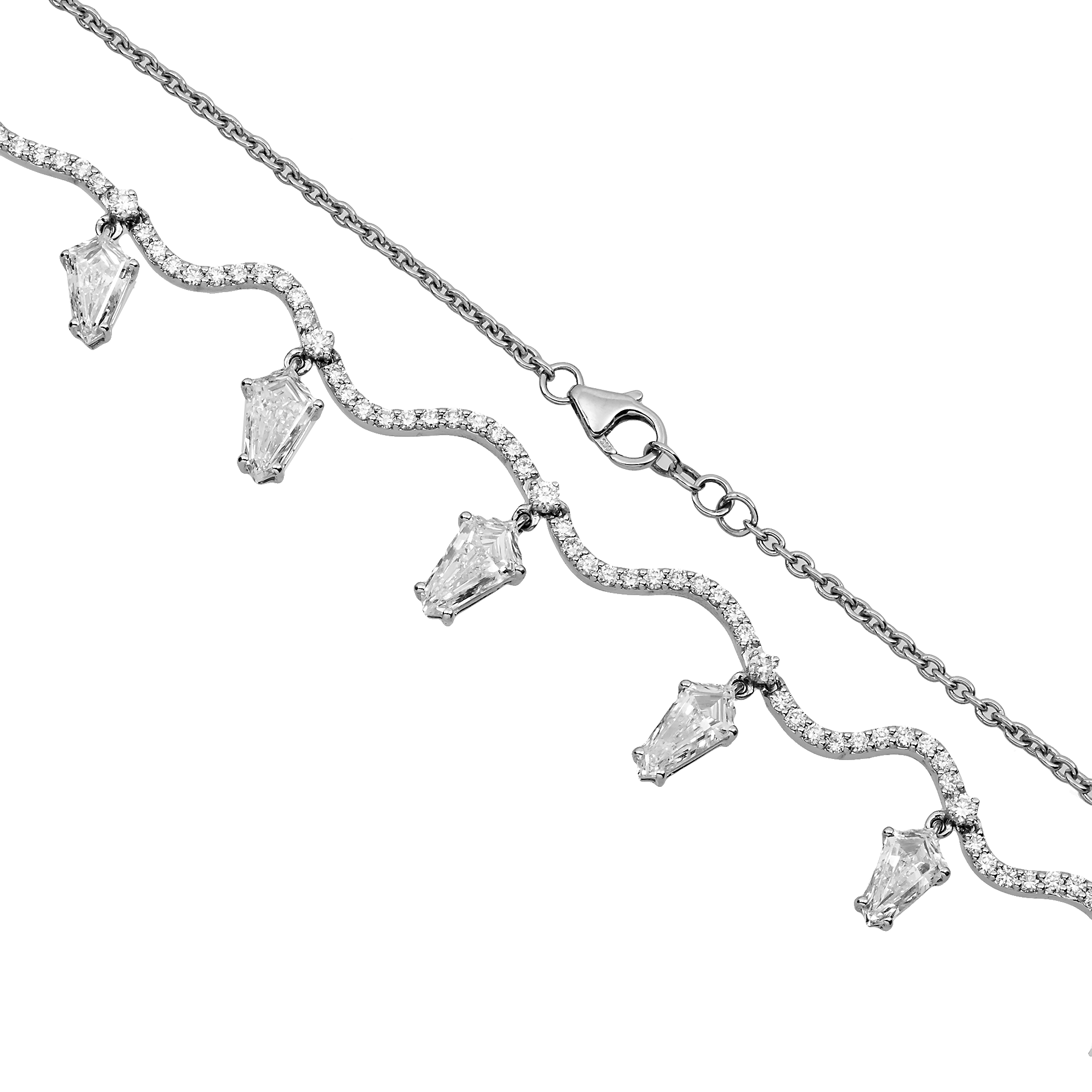 14K White Gold Step Cut Kite & Roud Diamond Falling Rain Necklace 5.73ct