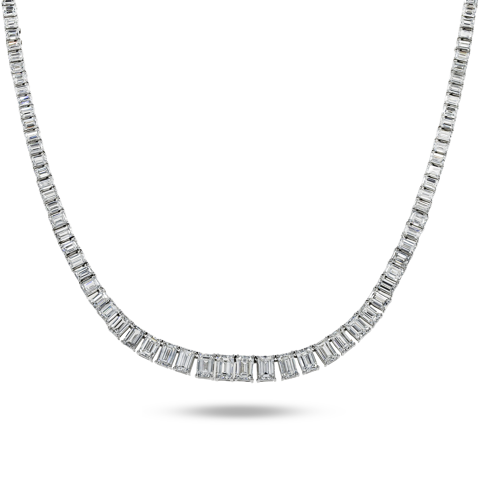 14K White Gold Graduated Emerald Cut Diamond Necklace 31.11Ct Necklace