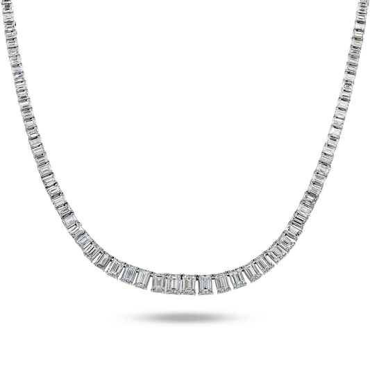 14K White Gold Graduated Emerald Cut Diamond Necklace 31.11Ct Necklace