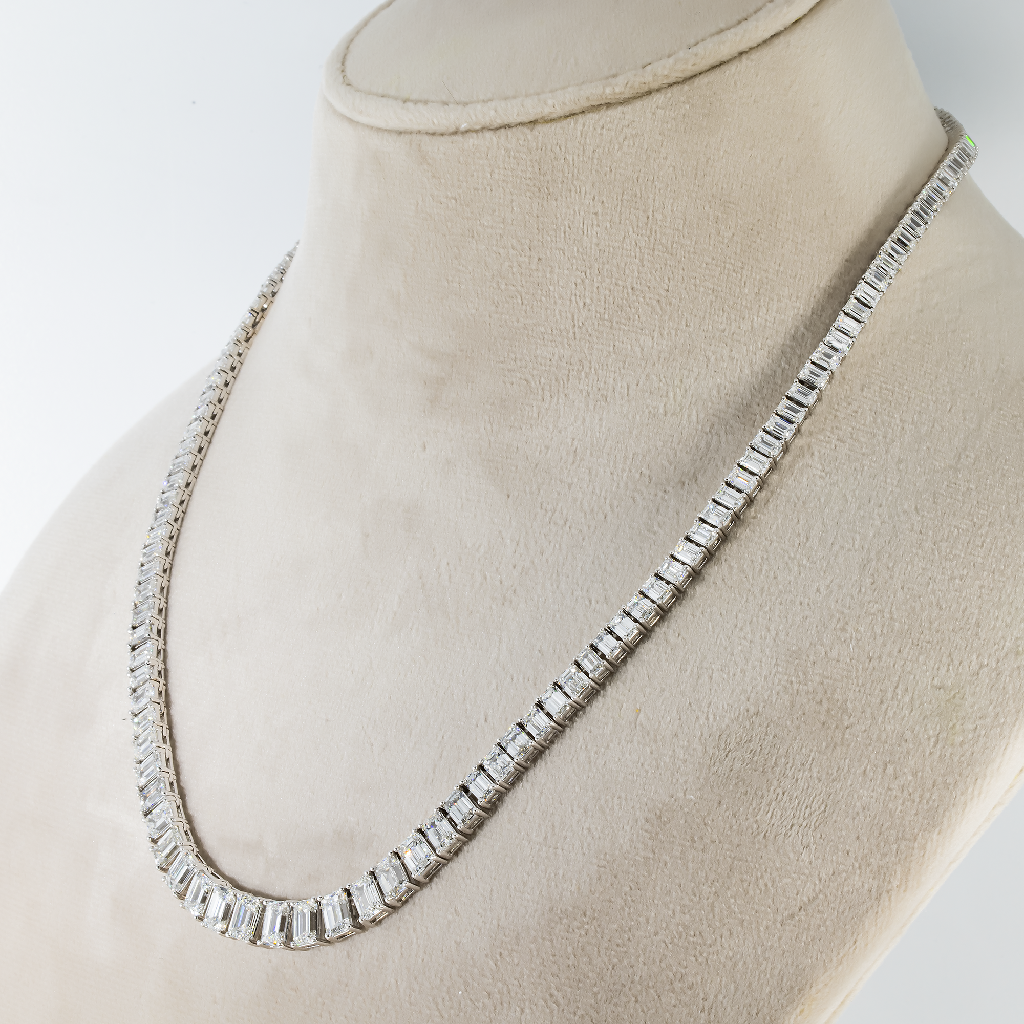 14K White Gold Graduated Emerald Cut Diamond Necklace 31.11Ct Necklace