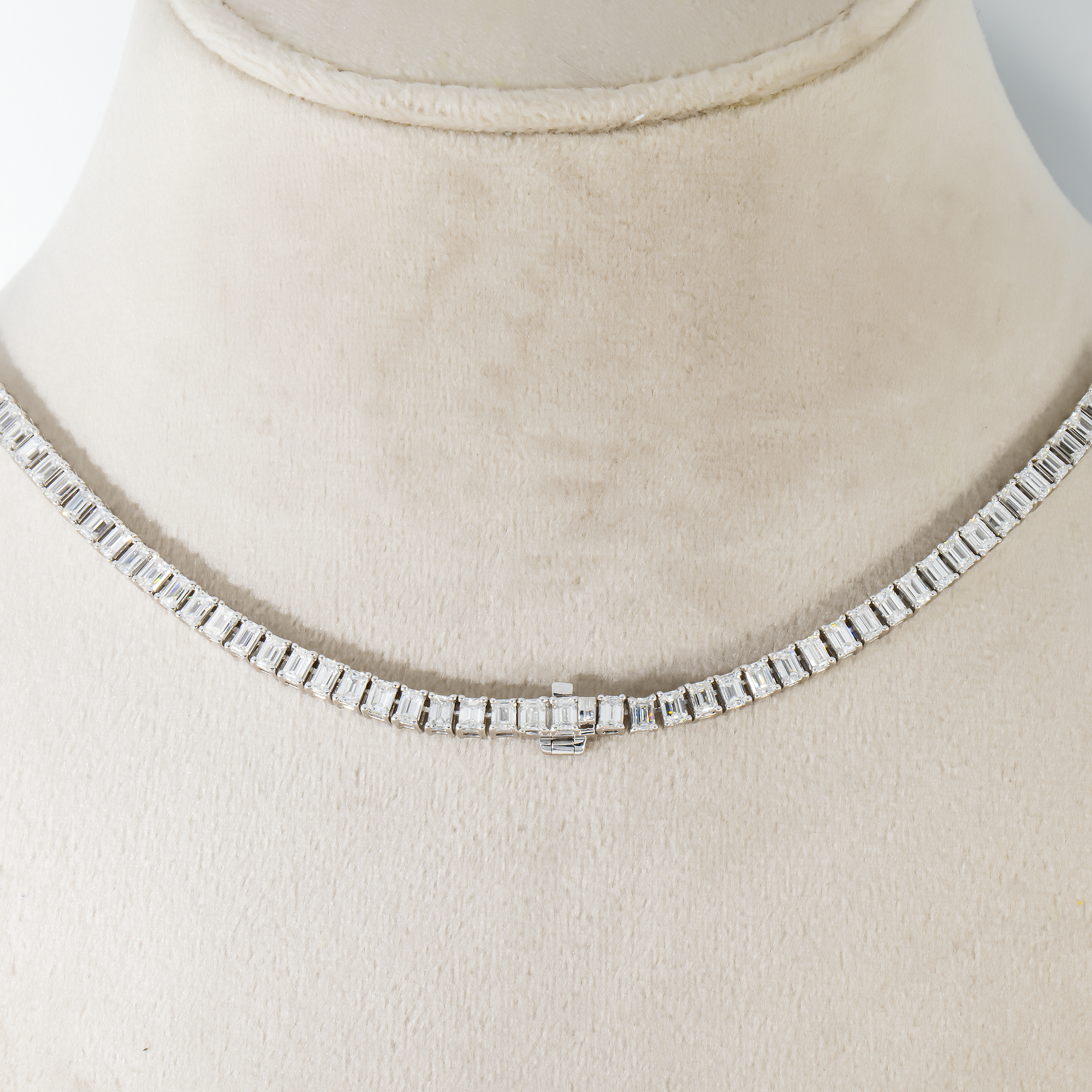 14K White Gold Graduated Emerald Cut Diamond Necklace 31.11Ct Necklace