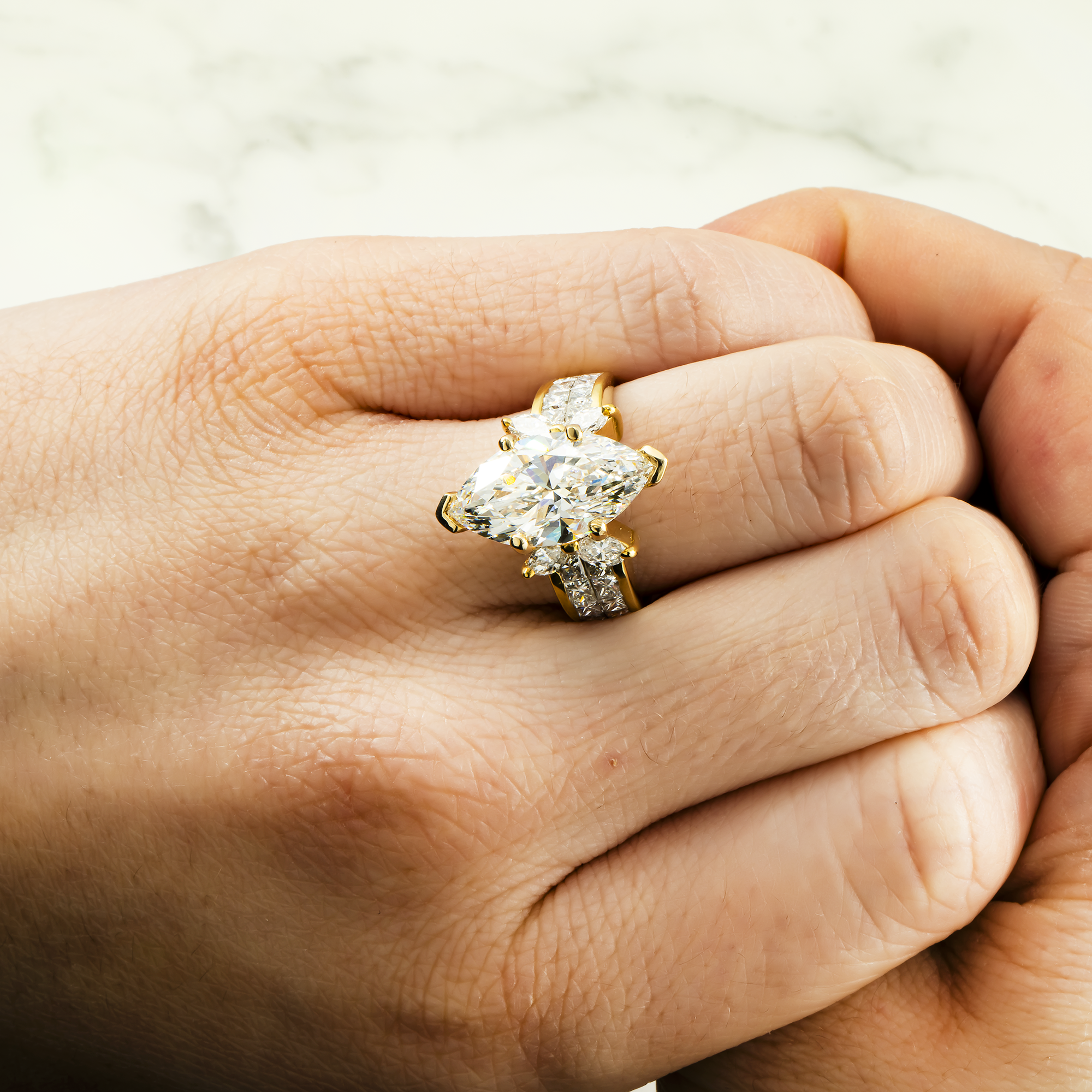 18K Yellow Gold 5.13ct Marquise Cut Diamond Engagement Ring 7.08ctw