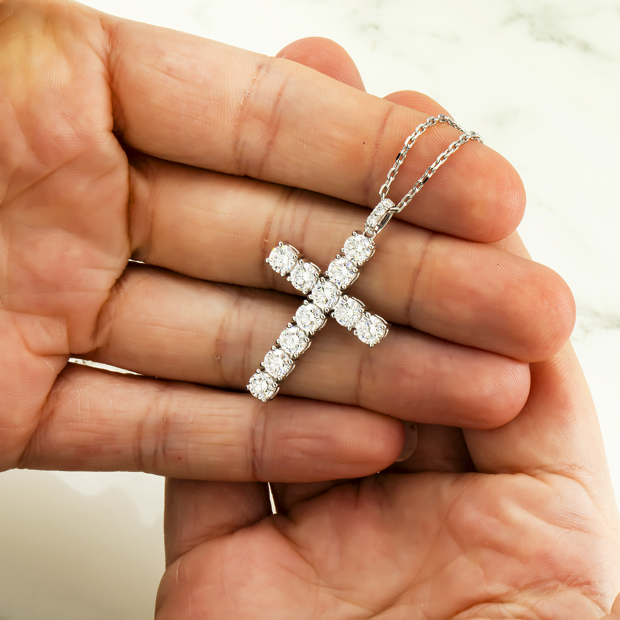White Gold Round Diamond Cross Pendant & Chain Necklace 3.45ct