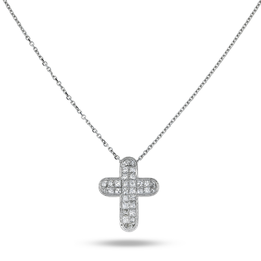 18K White Gold Princess Cut Diamond Cross Pendant & Chain Necklace 1.90Ct Necklace