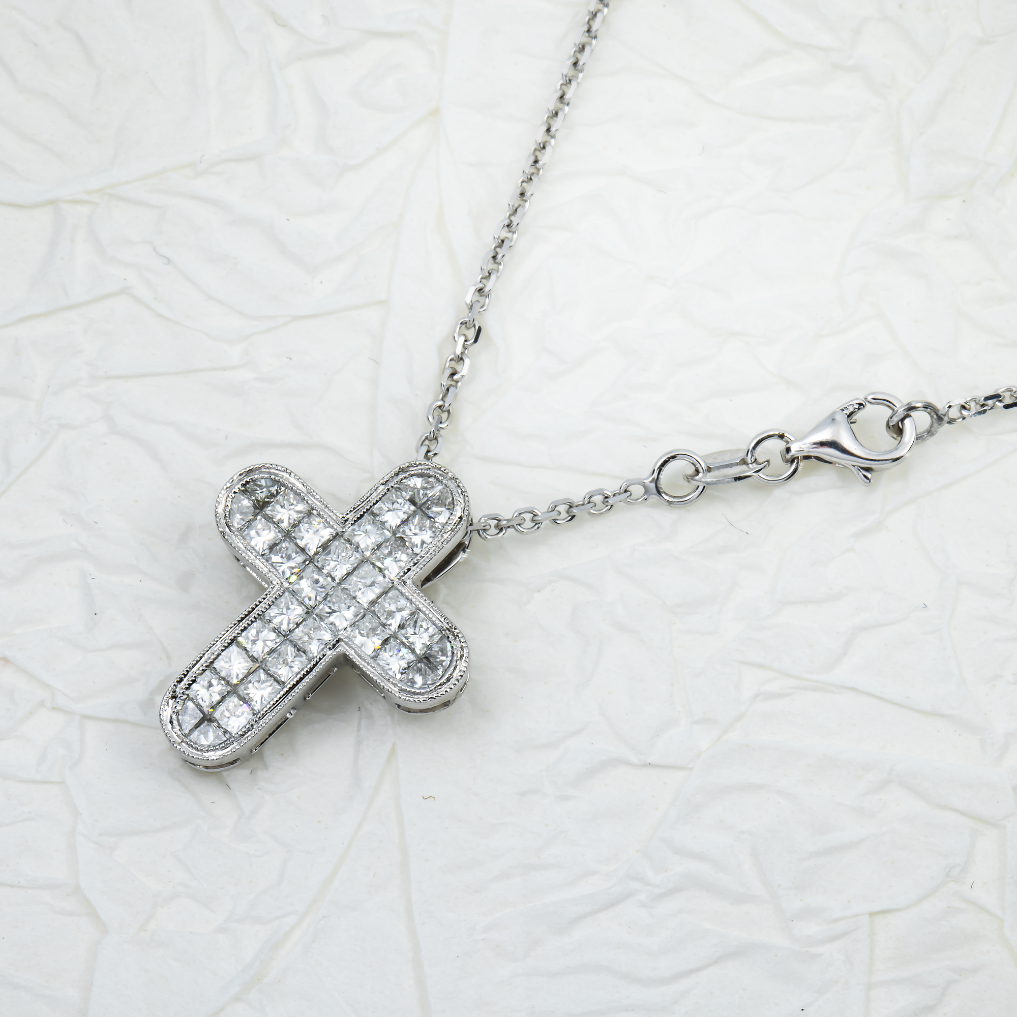18K White Gold Princess Cut Diamond Cross Pendant & Chain Necklace 1.90Ct Necklace