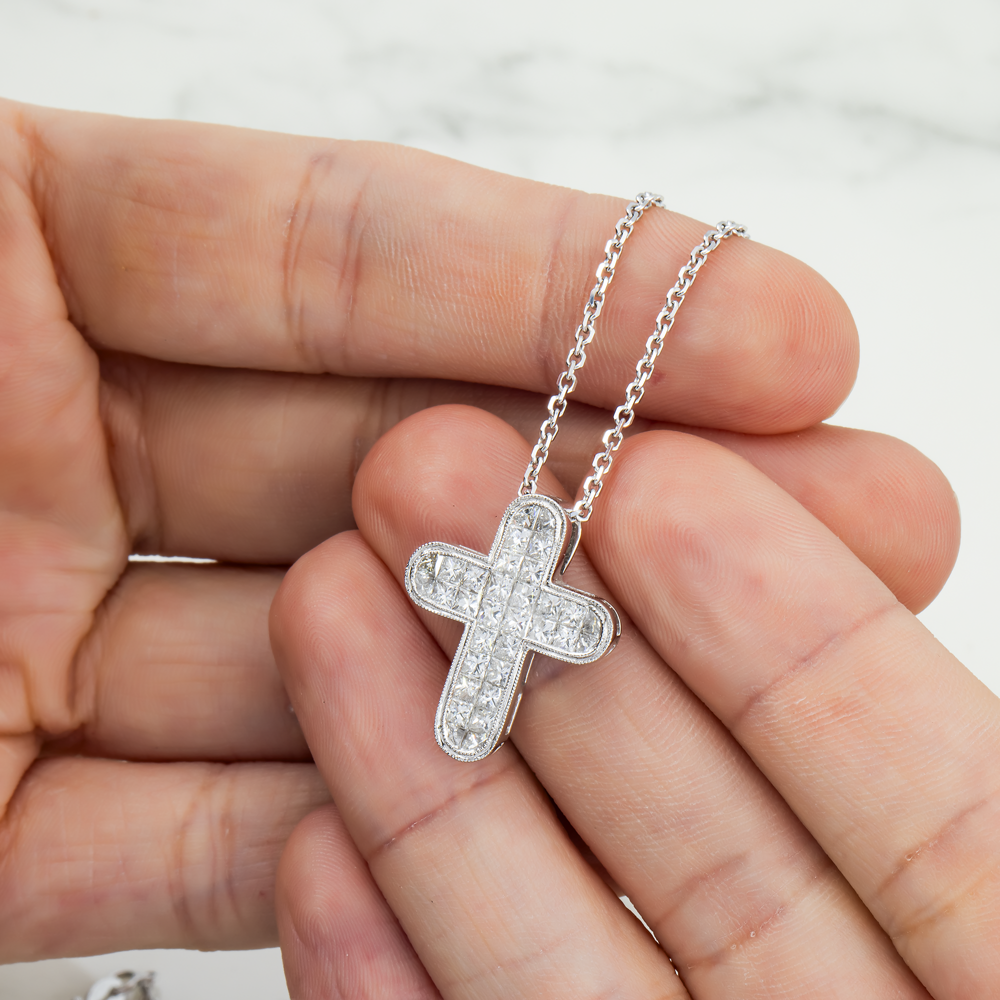 18K White Gold Princess Cut Diamond Cross Pendant & Chain Necklace 1.90Ct Necklace