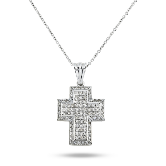 14K White Gold Round Diamond Cross Pendant & Chain Necklace 1.39Ct Necklace