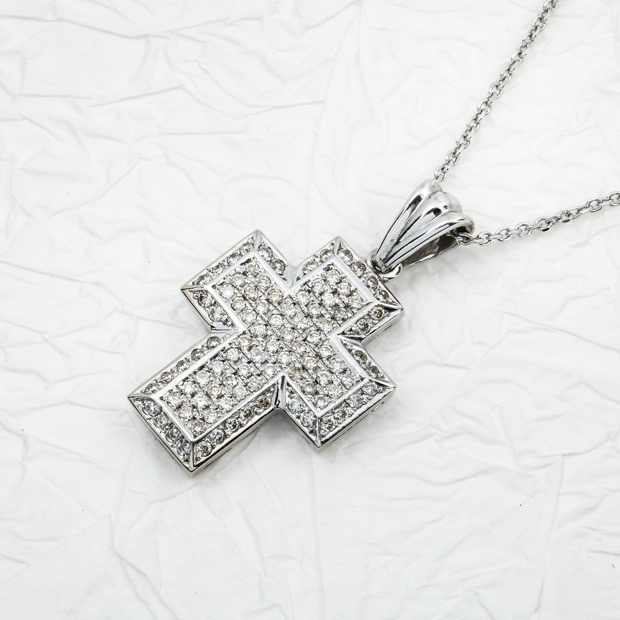 14K White Gold Round Diamond Cross Pendant & Chain Necklace 1.39Ct Necklace