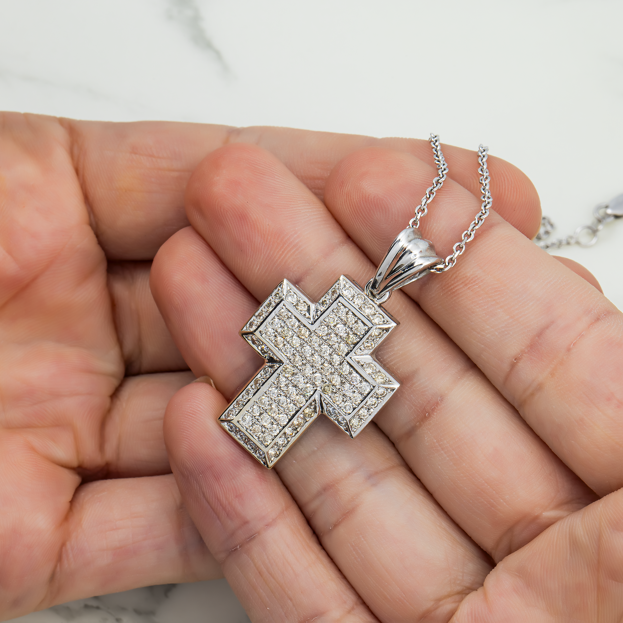 14K White Gold Round Diamond Cross Pendant & Chain Necklace 1.39Ct Necklace