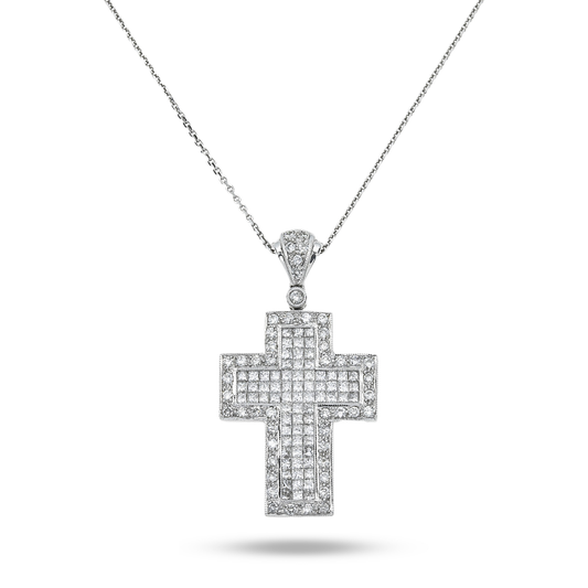 18K White Gold Princess & Round Diamond Cross Pendant Chain Necklace 2.01Ct Necklace