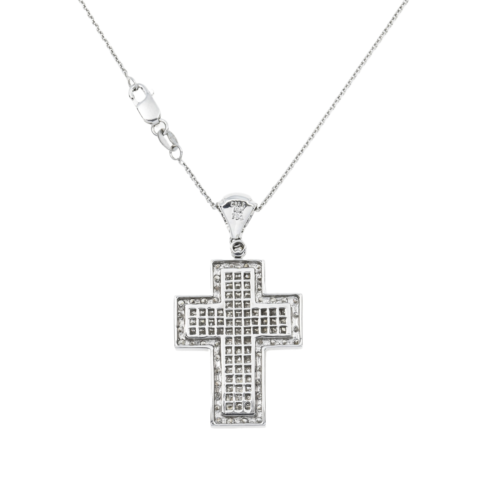 18K White Gold Princess & Round Diamond Cross Pendant Chain Necklace 2.01Ct Necklace