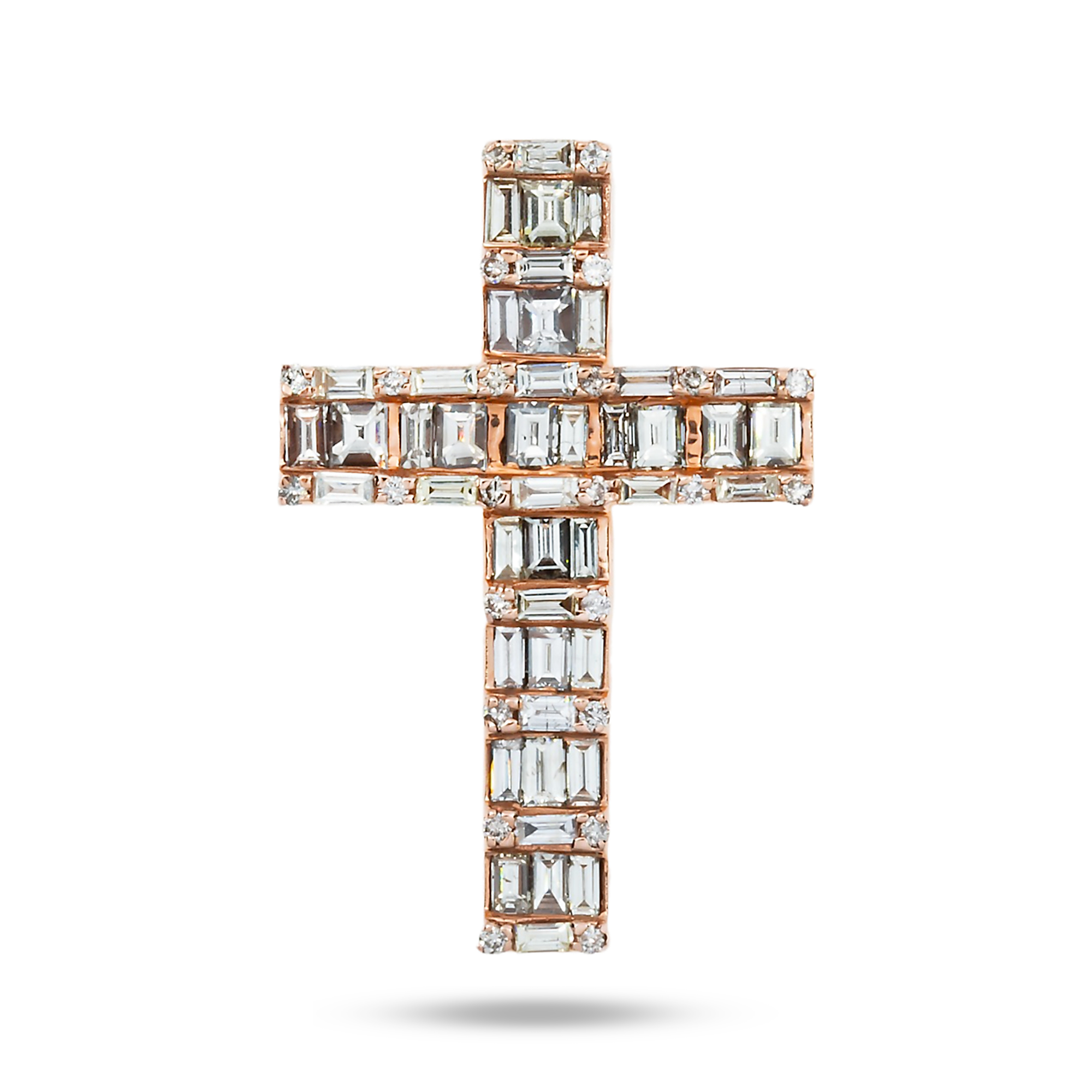 14K Rose Gold Baguette & Round Diamond Cross Pendant 2.30Ct