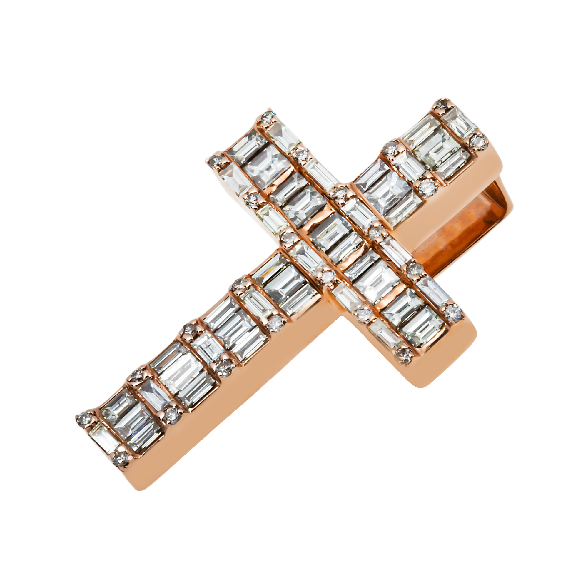 14K Rose Gold Baguette & Round Diamond Cross Pendant 2.30Ct
