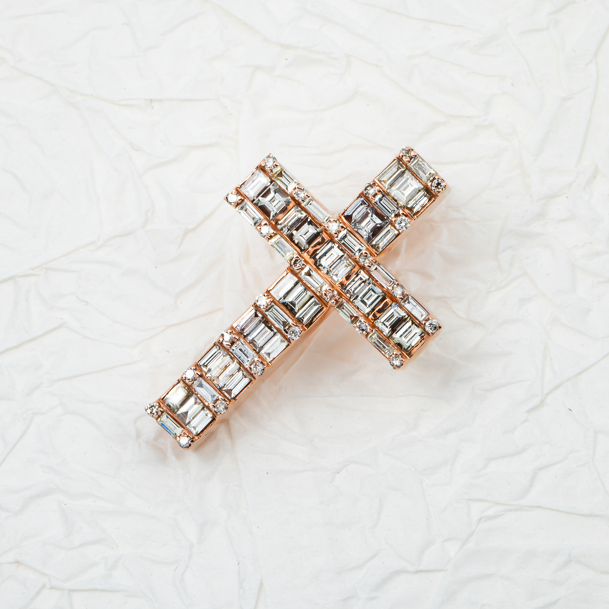 14K Rose Gold Baguette & Round Diamond Cross Pendant 2.30Ct