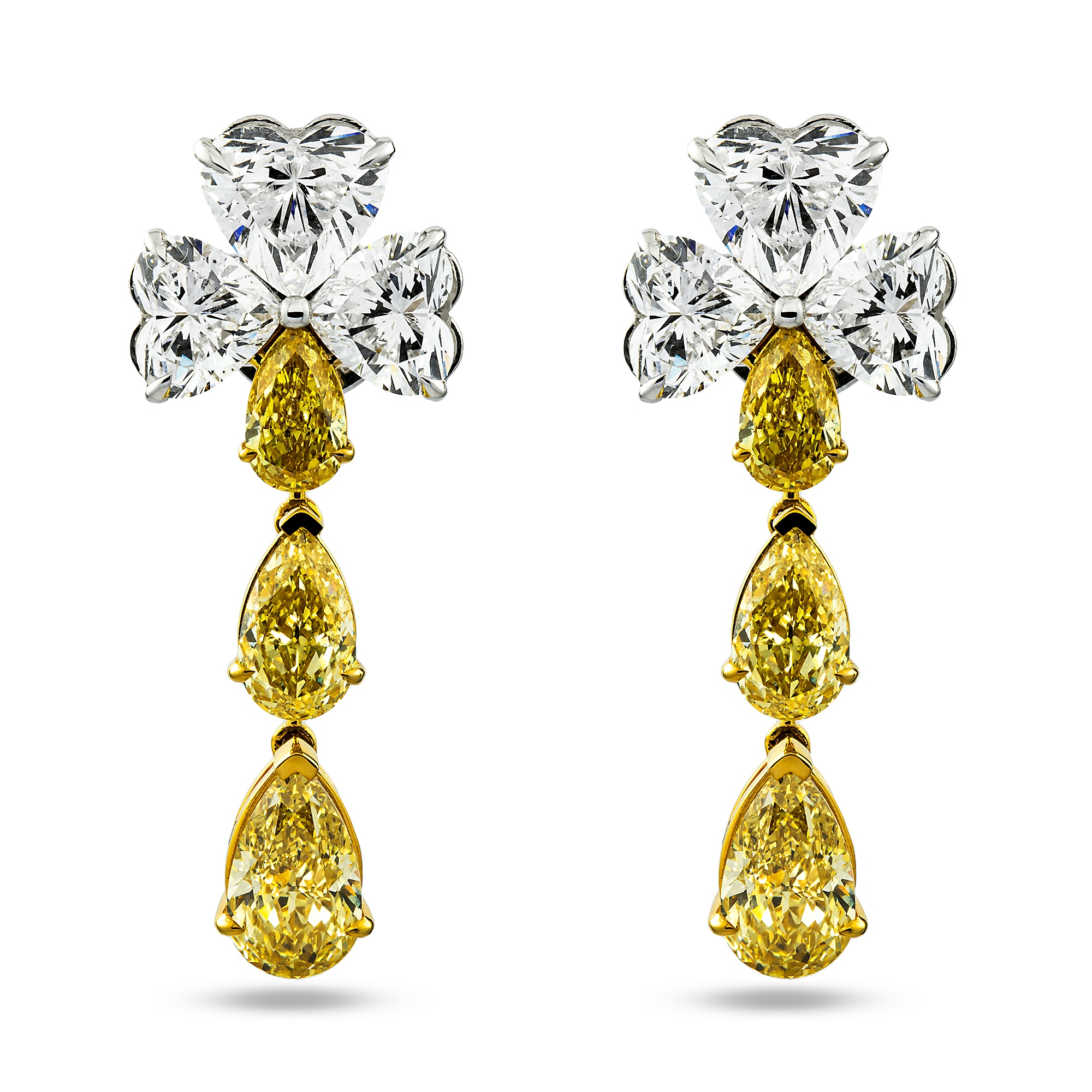 IGI 14K Two Tone White & Fancy Yellow Heart & Pear Diamond Earrings 13.72ct