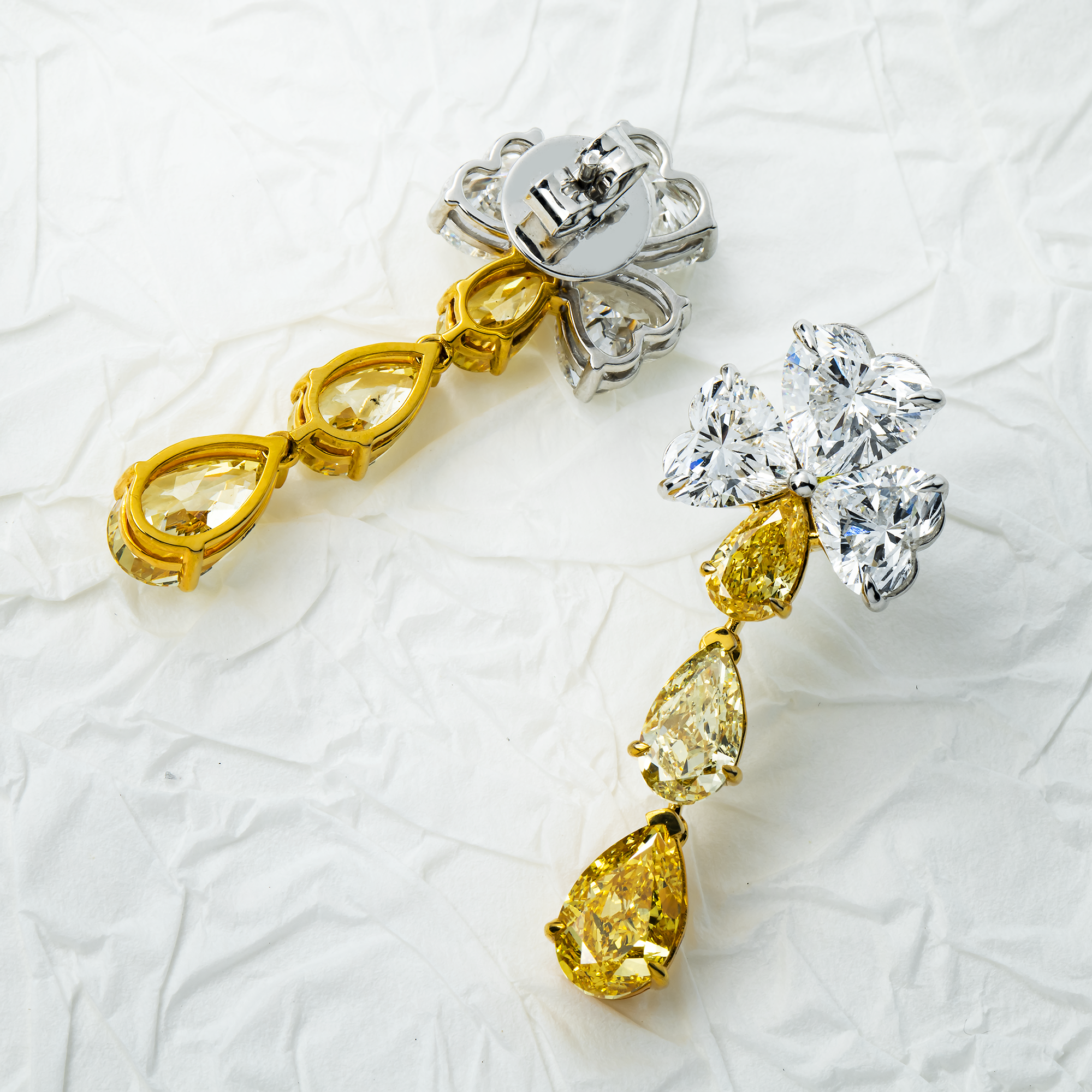 IGI 14K Two Tone White & Fancy Yellow Heart & Pear Diamond Earrings 13.72ct