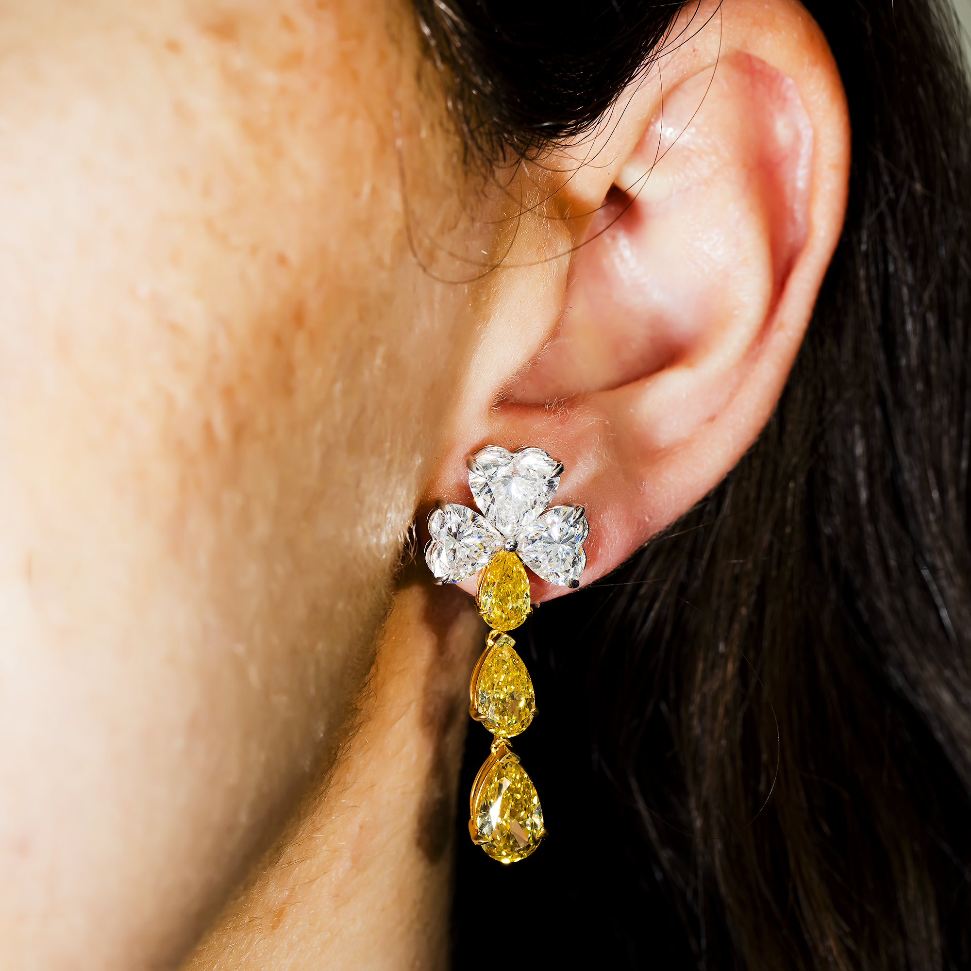 IGI 14K Two Tone White & Fancy Yellow Heart & Pear Diamond Earrings 13.72ct