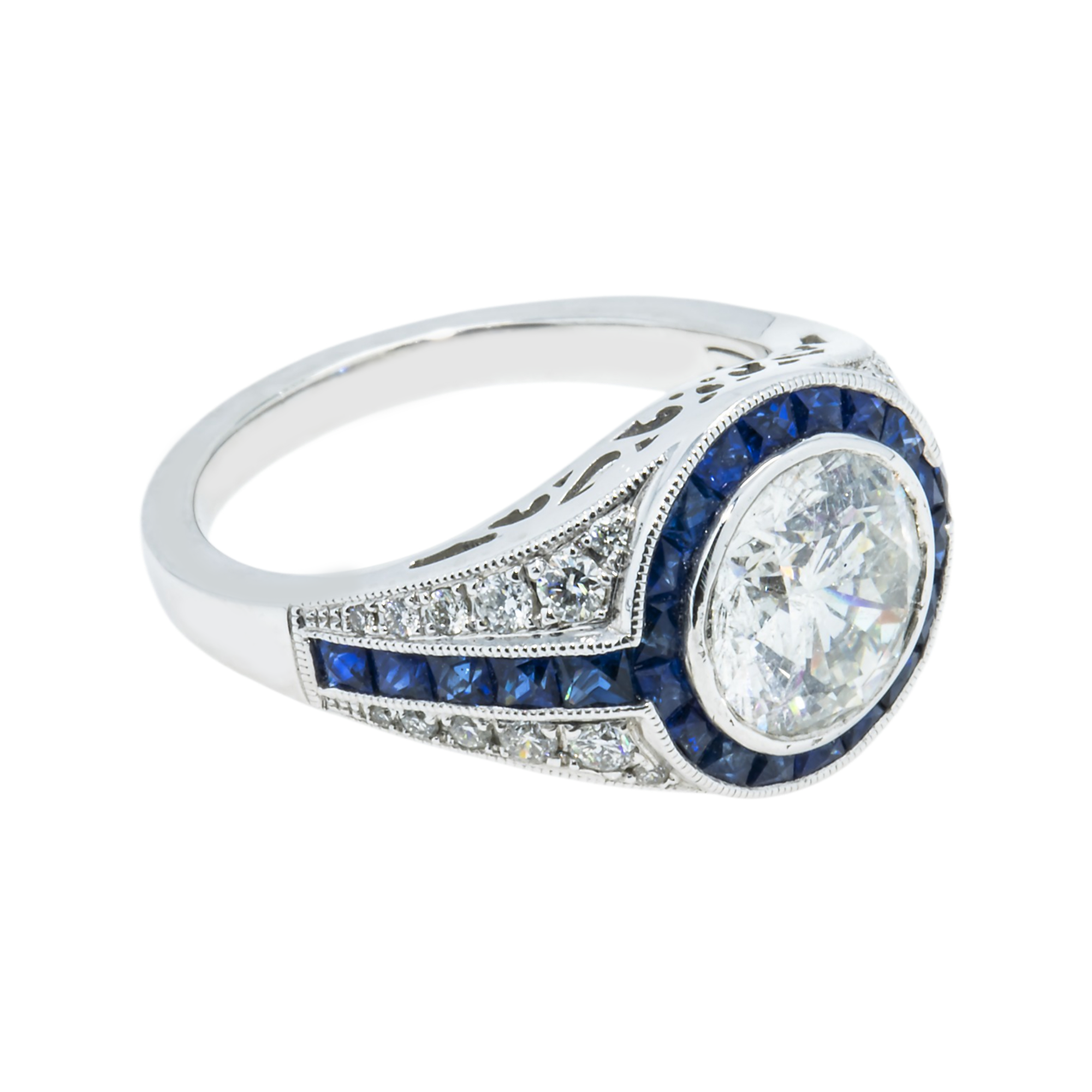 Platinum 2.05Ct Round Cut Diamond & Sapphire Detailed Ring 3.62Ctw Bridal