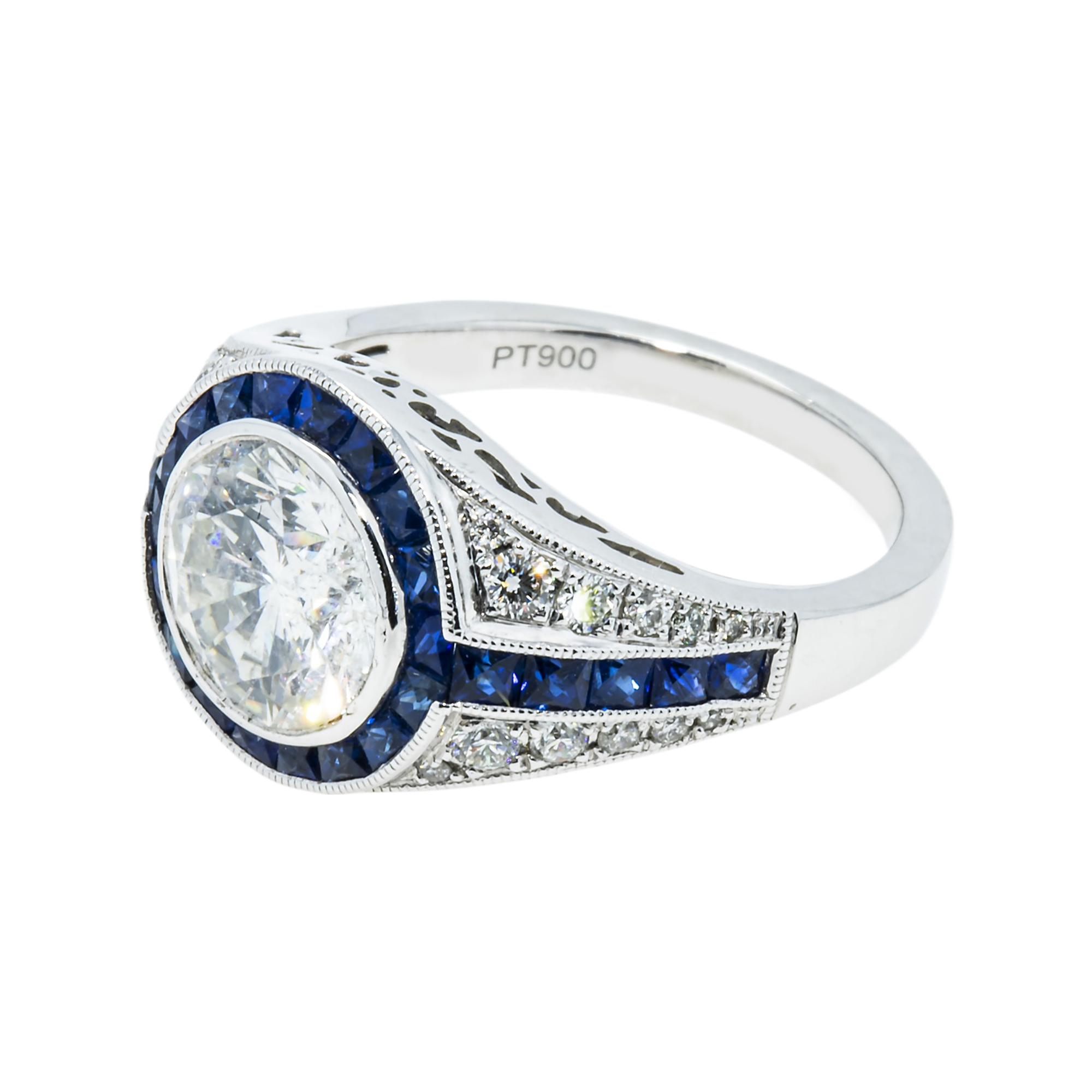 Platinum 2.05Ct Round Cut Diamond & Sapphire Detailed Ring 3.62Ctw Bridal