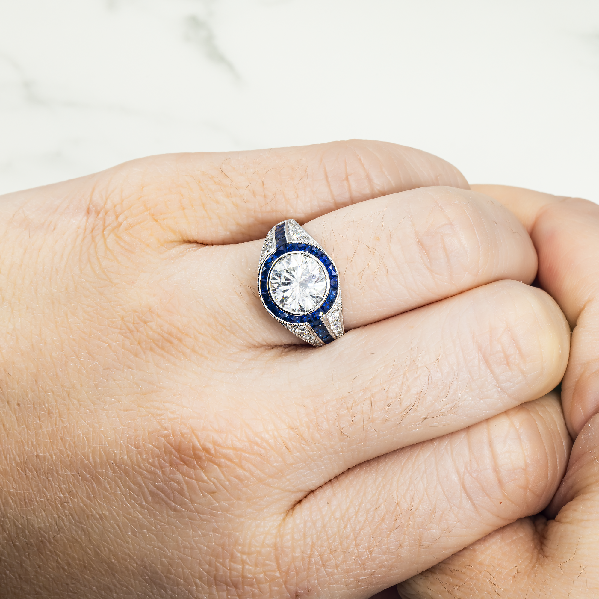 Platinum 2.05Ct Round Cut Diamond & Sapphire Detailed Ring 3.62Ctw Bridal