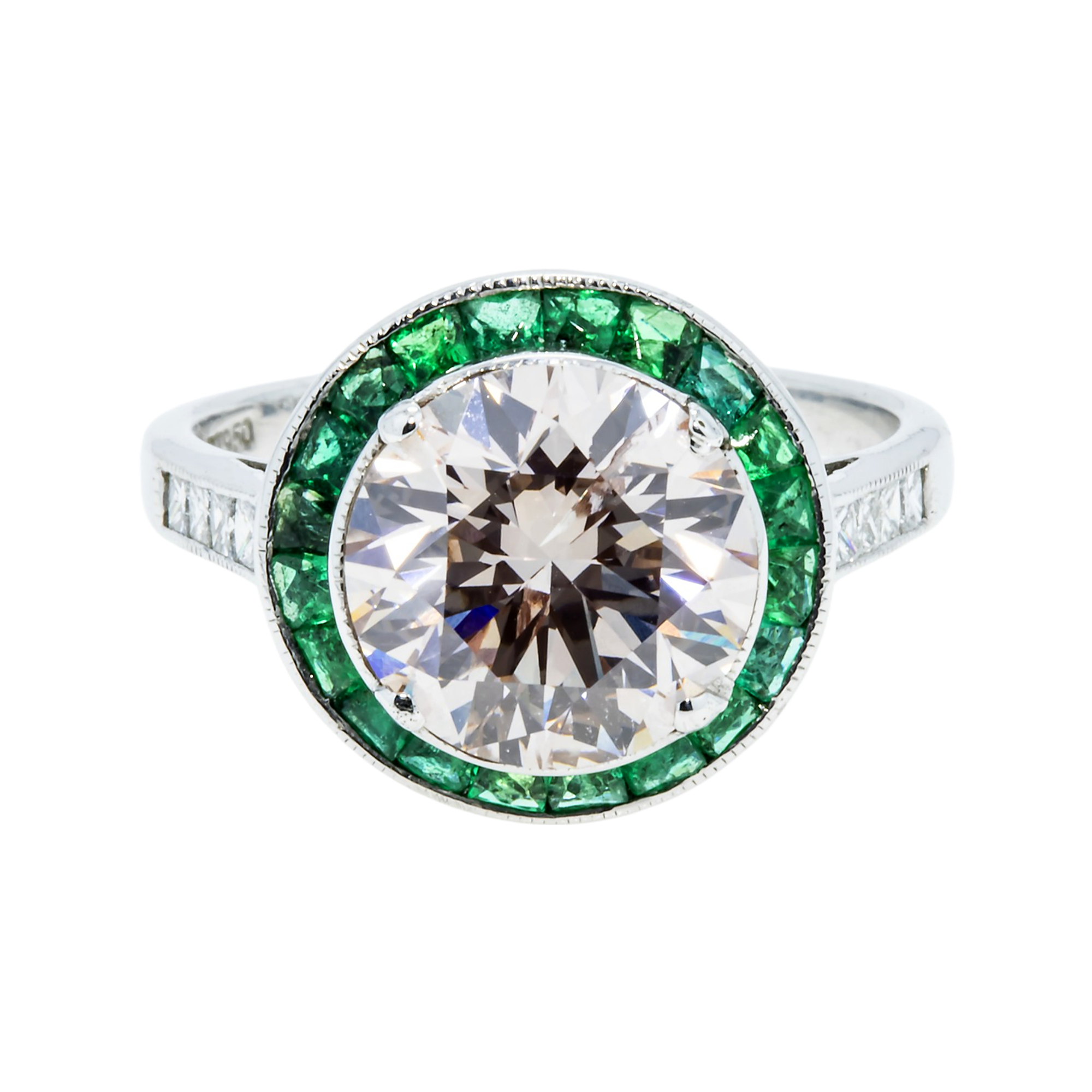 Platinum 3.13Ct Round Diamond & Emerald Halo Detailed Ring 4.13Ctw Bridal