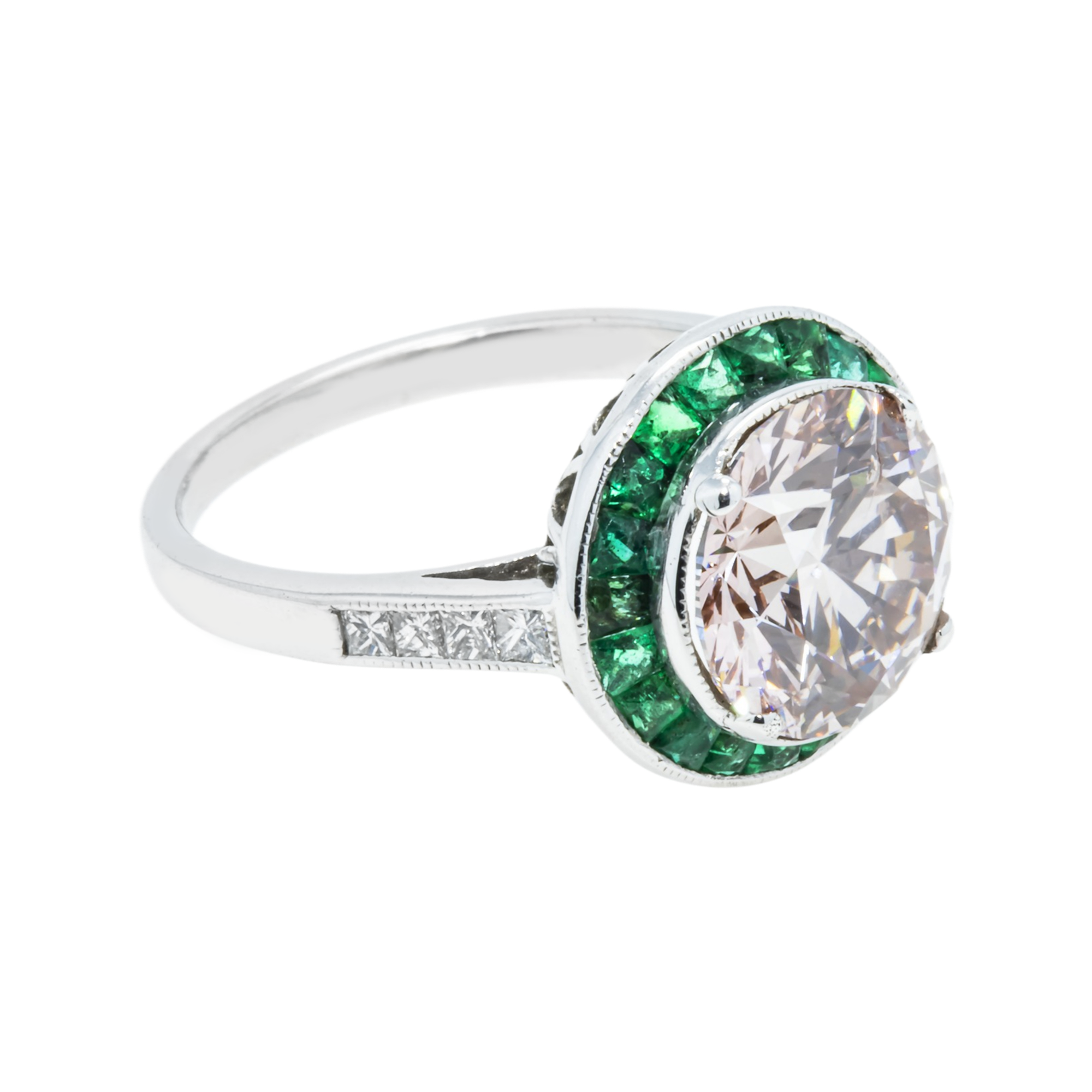 Platinum 3.13Ct Round Diamond & Emerald Halo Detailed Ring 4.13Ctw Bridal