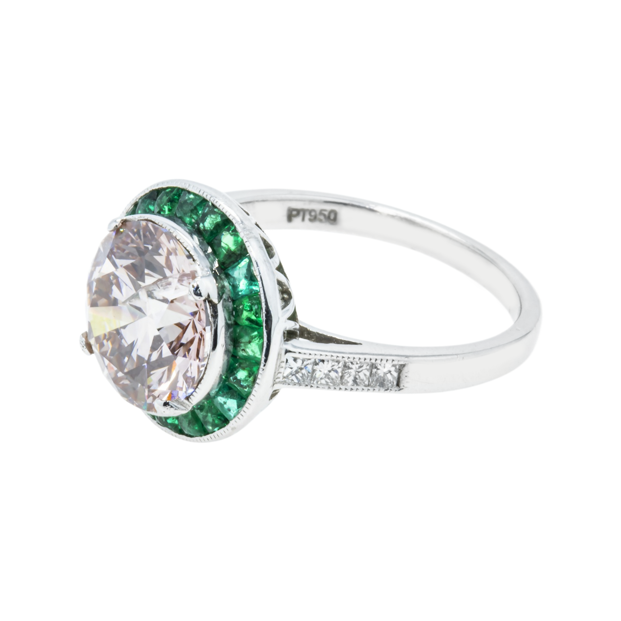 Platinum 3.13Ct Round Diamond & Emerald Halo Detailed Ring 4.13Ctw Bridal