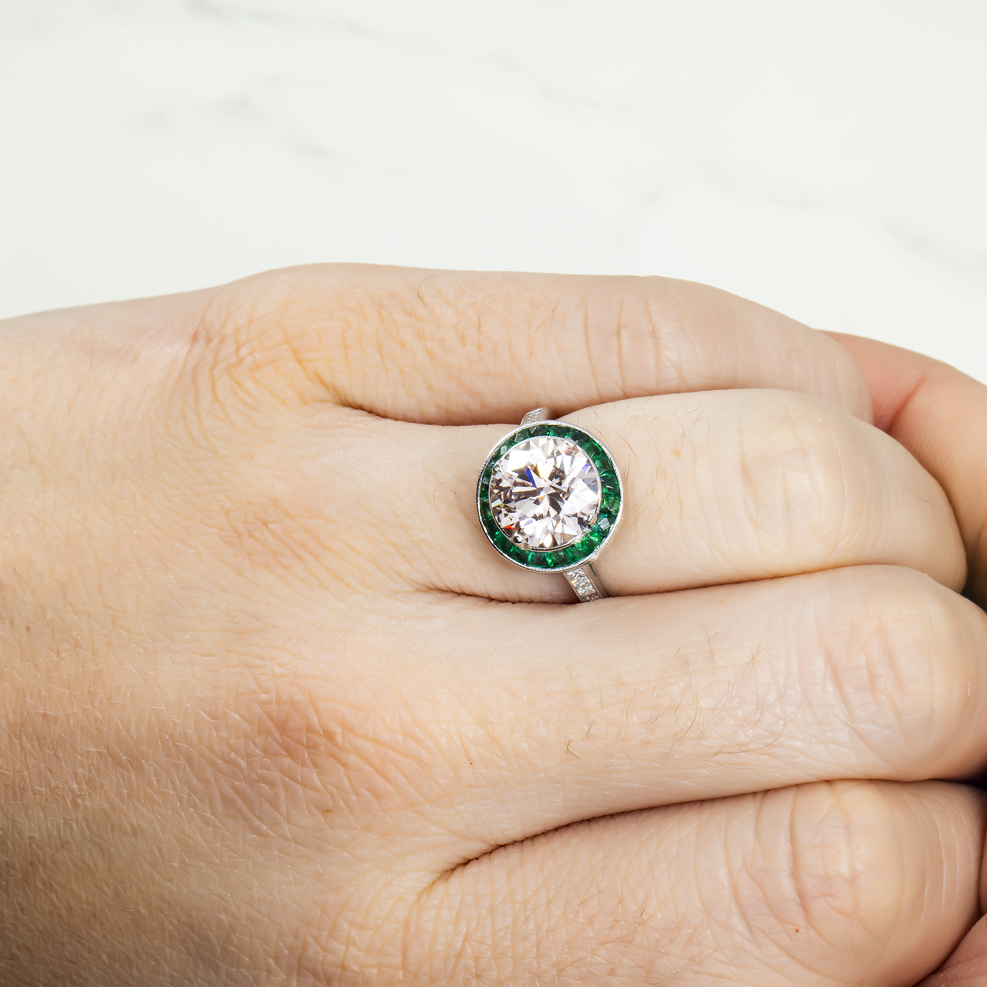 Platinum 3.13Ct Round Diamond & Emerald Halo Detailed Ring 4.13Ctw Bridal