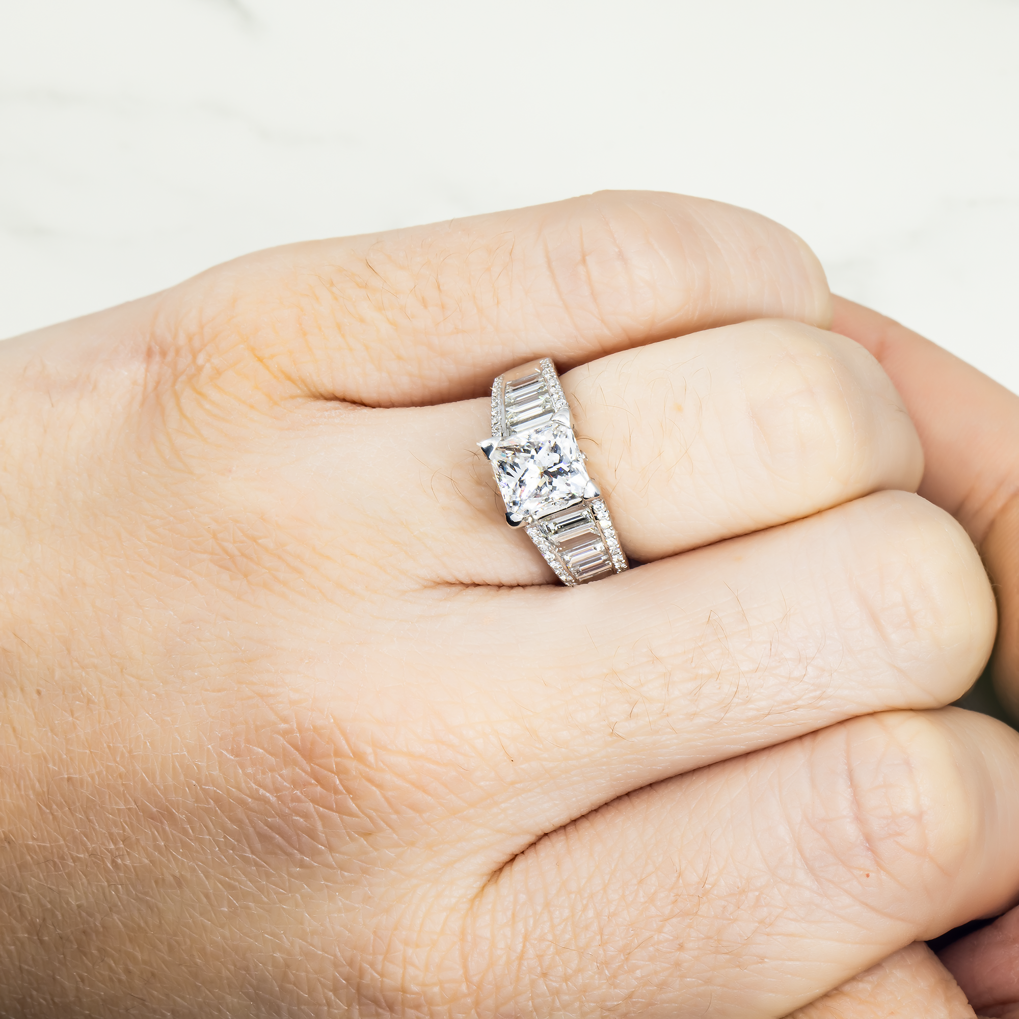 18K White Gold 2.06Ct Princess Cut Diamond Engagement Rings 3.21Ctw Bridal
