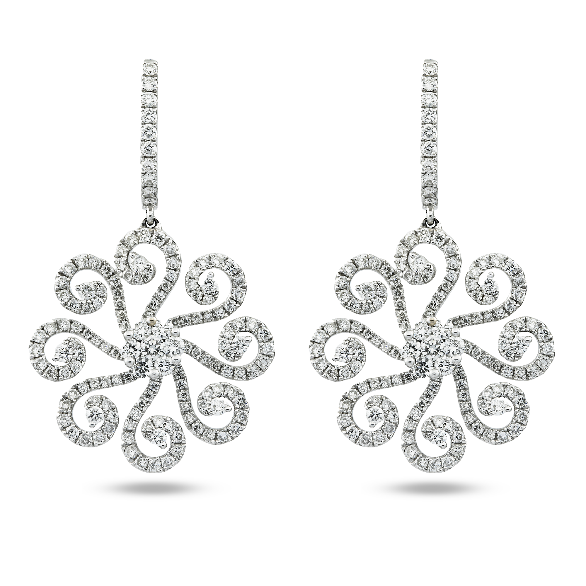 18K White Gold Round Diamond Pinwheel Drop Earrings 6.93ctw
