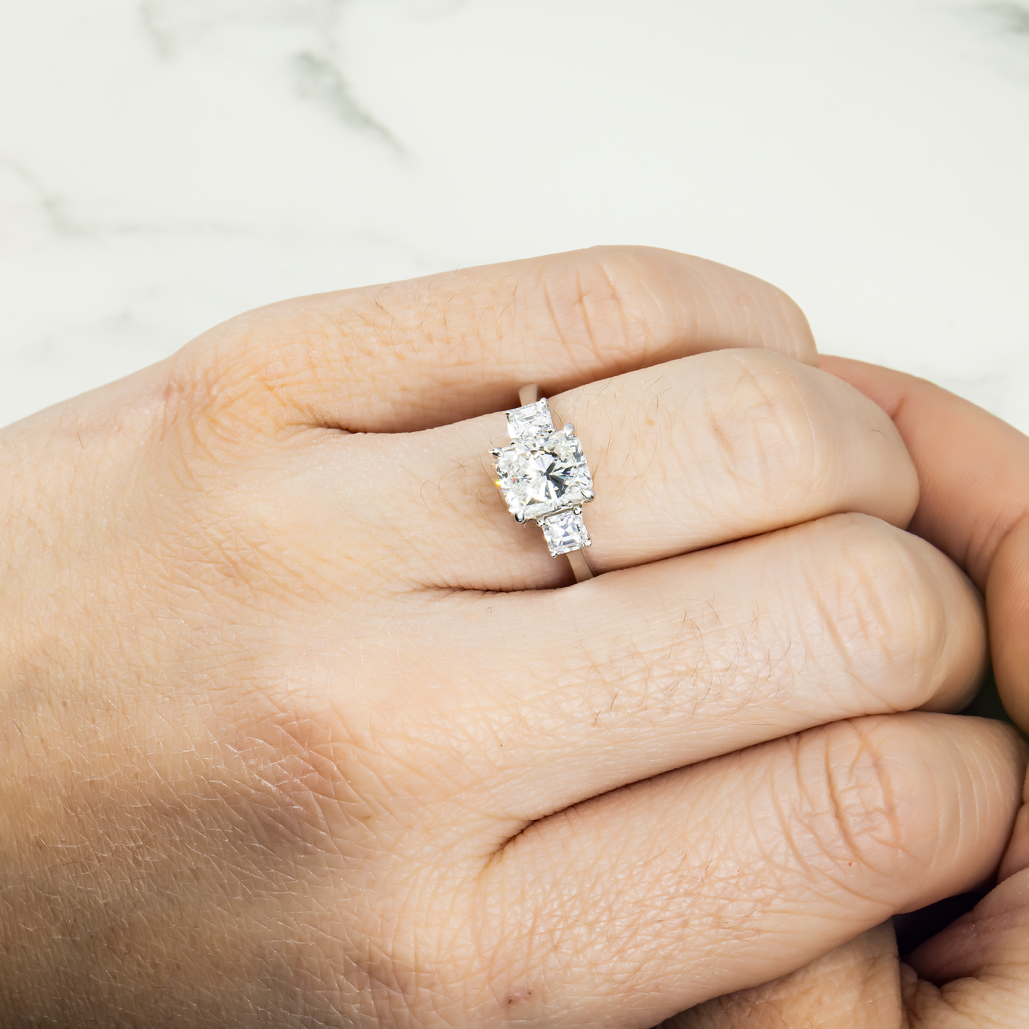 18K White Gold 2.01Ct Radiant Cut Triple Diamond Engagement Ring 2.54Ctw Bridal