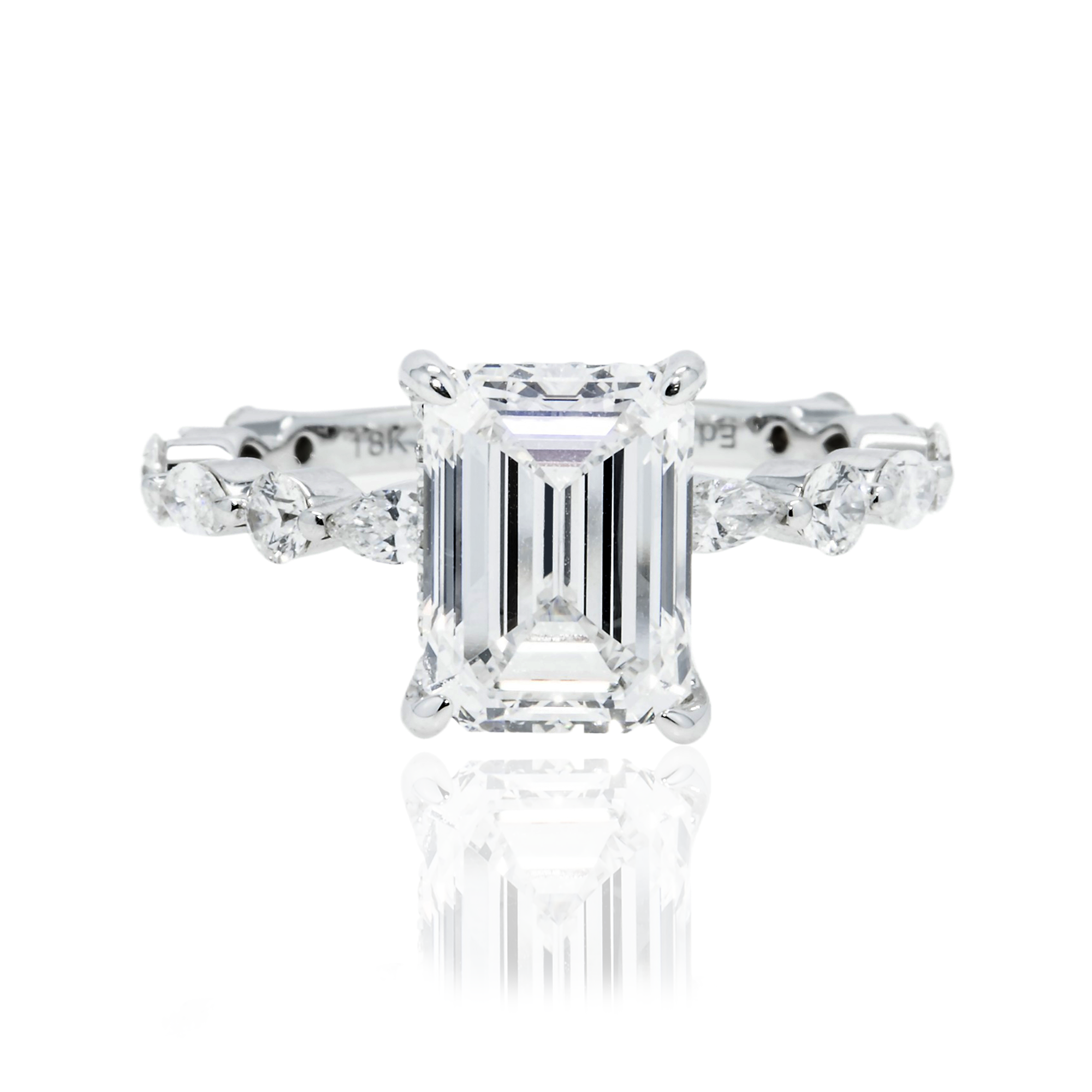 Gia 18K White Gold 3.01Ct Emerald Cut Diamond Engagement Ring 3.93Ctw Bridal