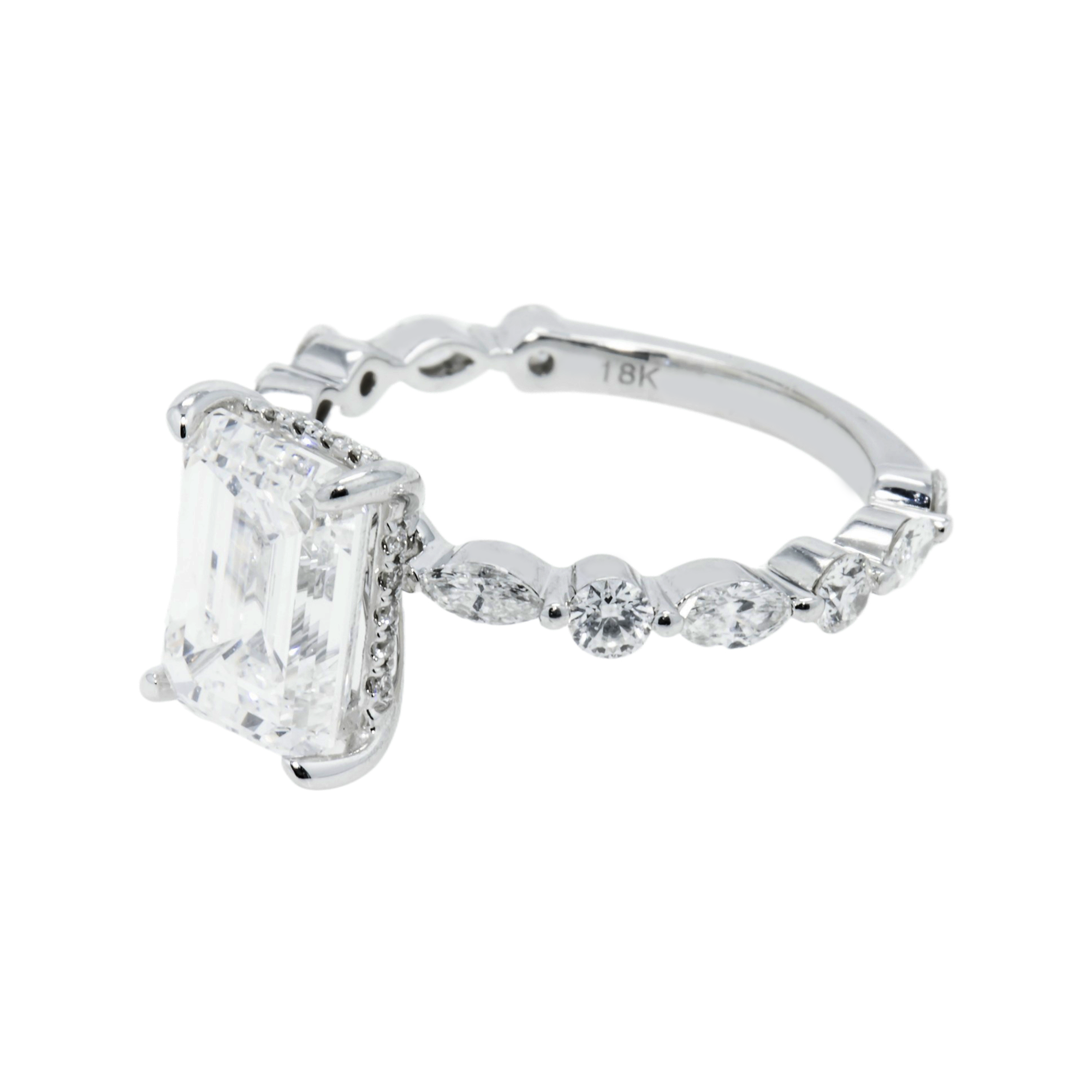Gia 18K White Gold 3.01Ct Emerald Cut Diamond Engagement Ring 3.93Ctw Bridal