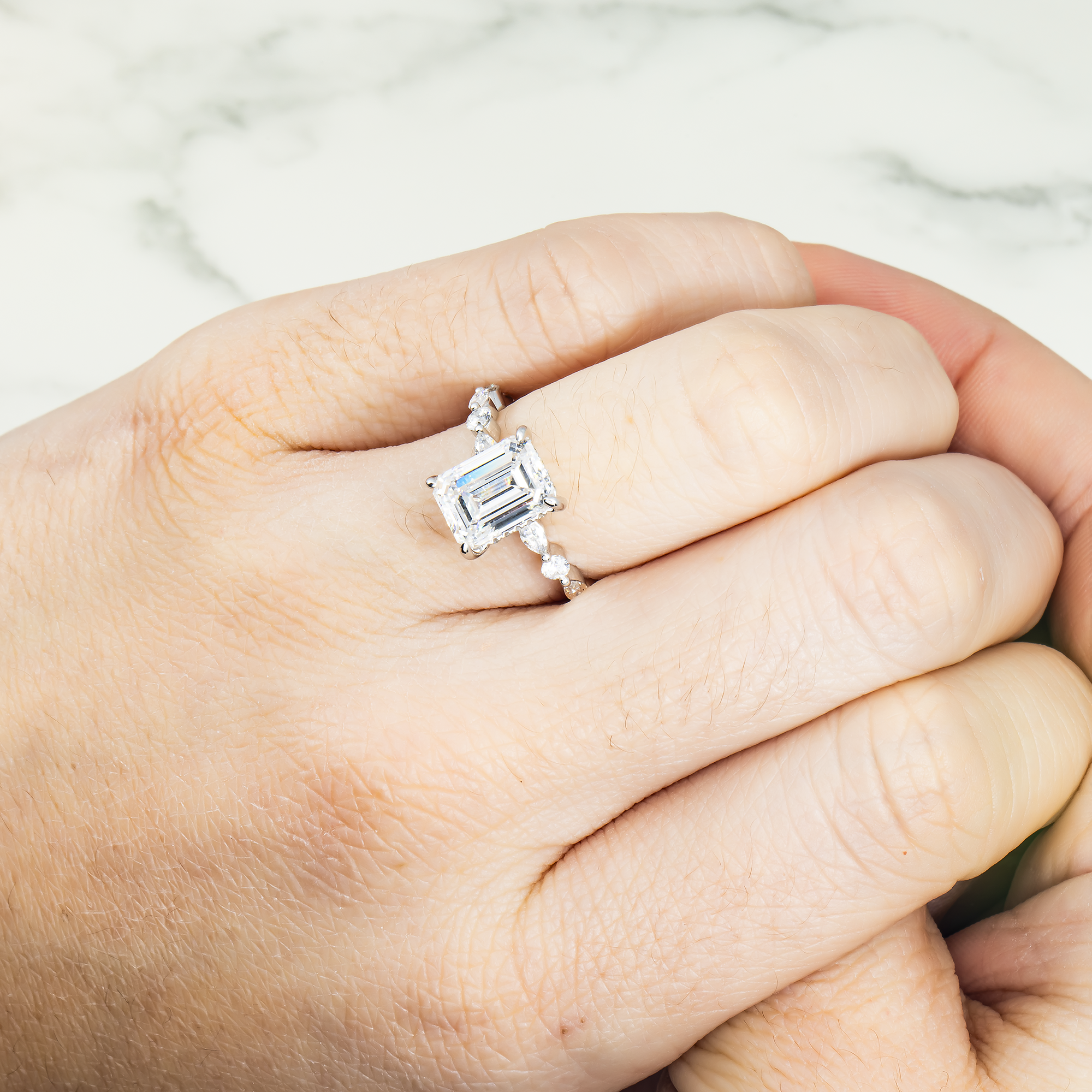 Gia 18K White Gold 3.01Ct Emerald Cut Diamond Engagement Ring 3.93Ctw Bridal