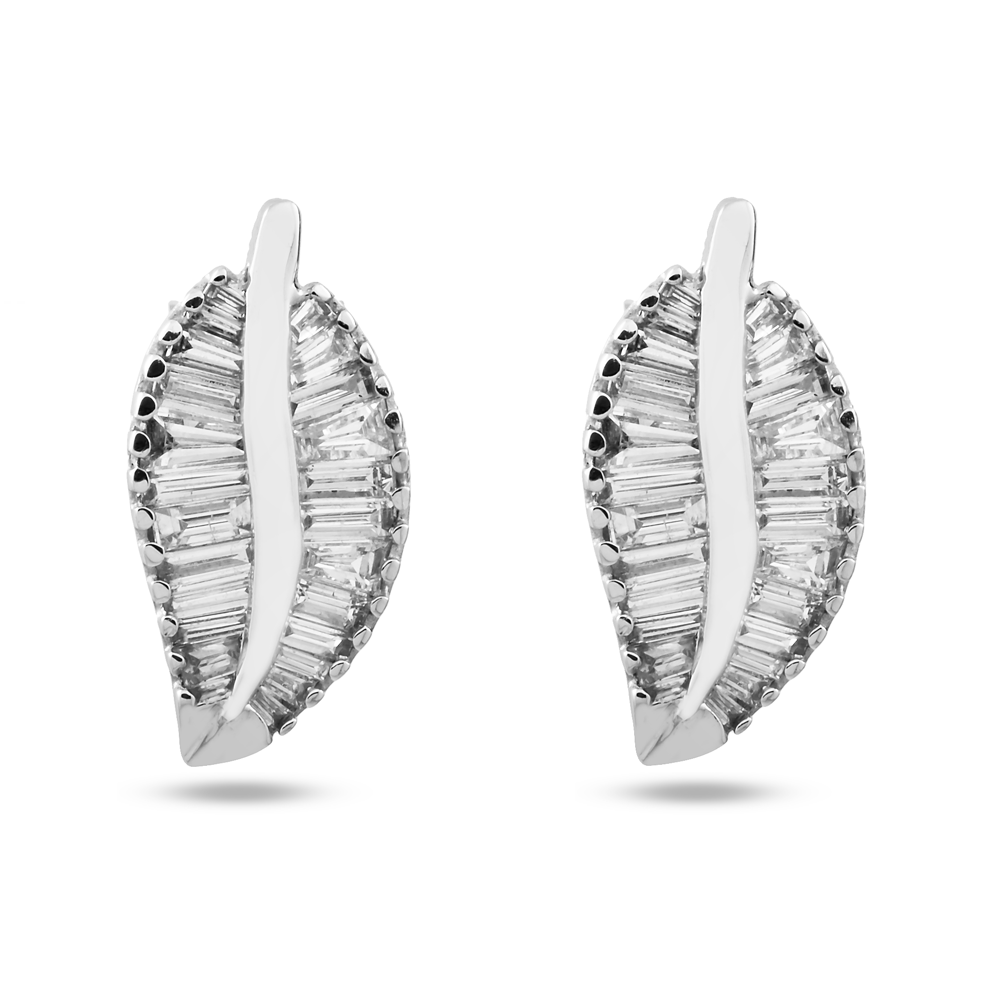14K White Gold Baguette Diamond Leaf Stud Earrings 0.90ctw