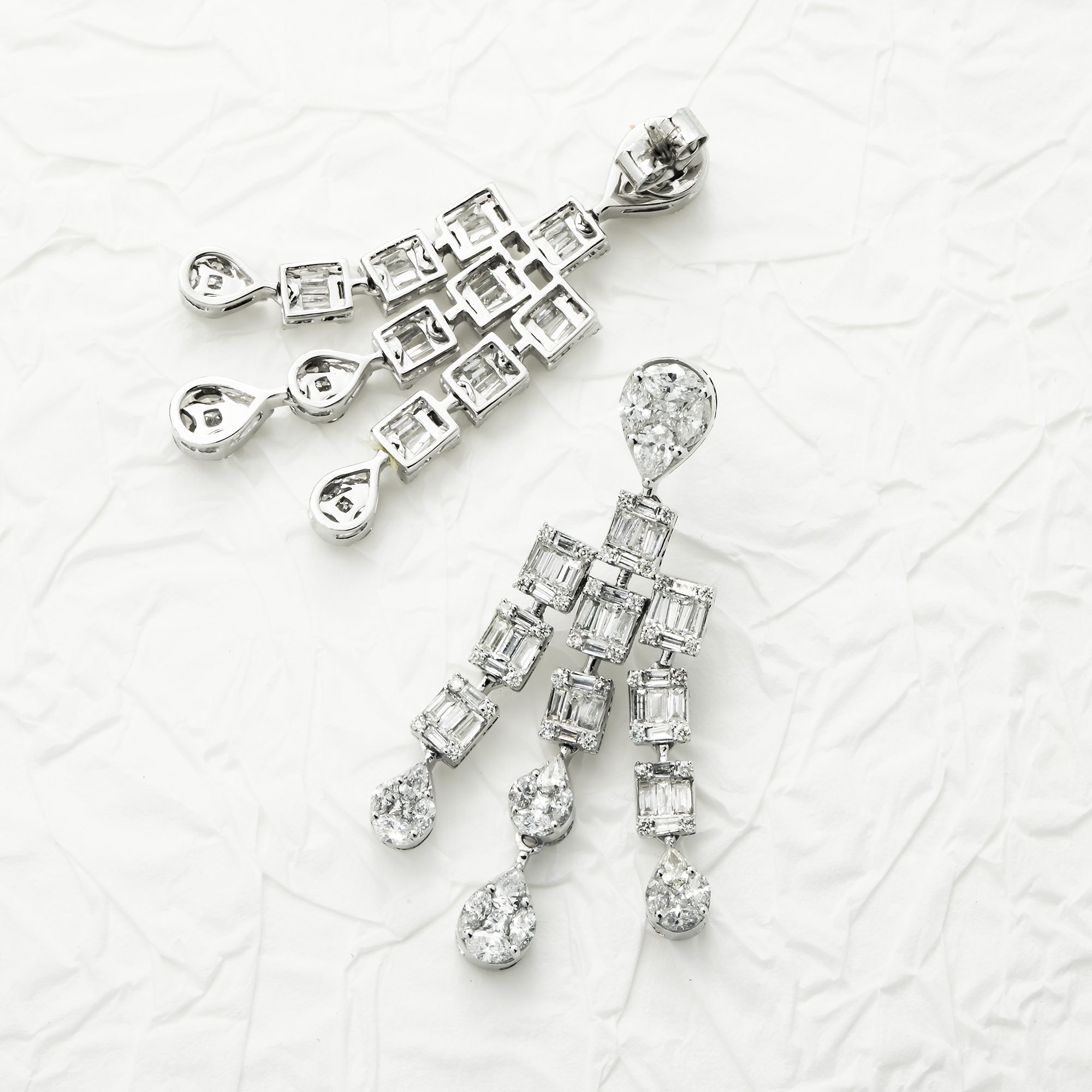 14K White Gold Triple Tier Baguette Diamond Drop Earrings 4.37ctw