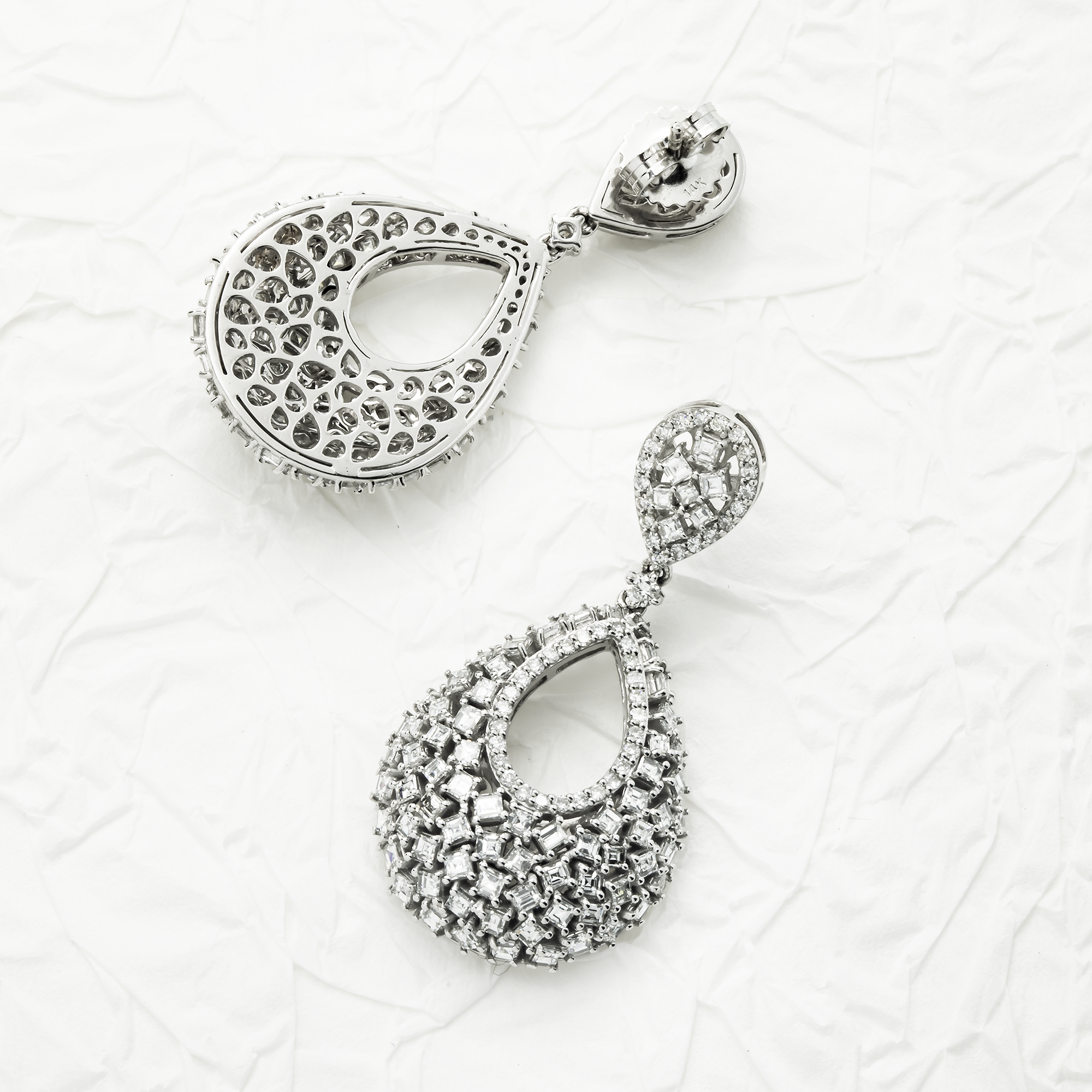 14K White Gold Asscher & Round Cut Drop Earrings 4.23ctw