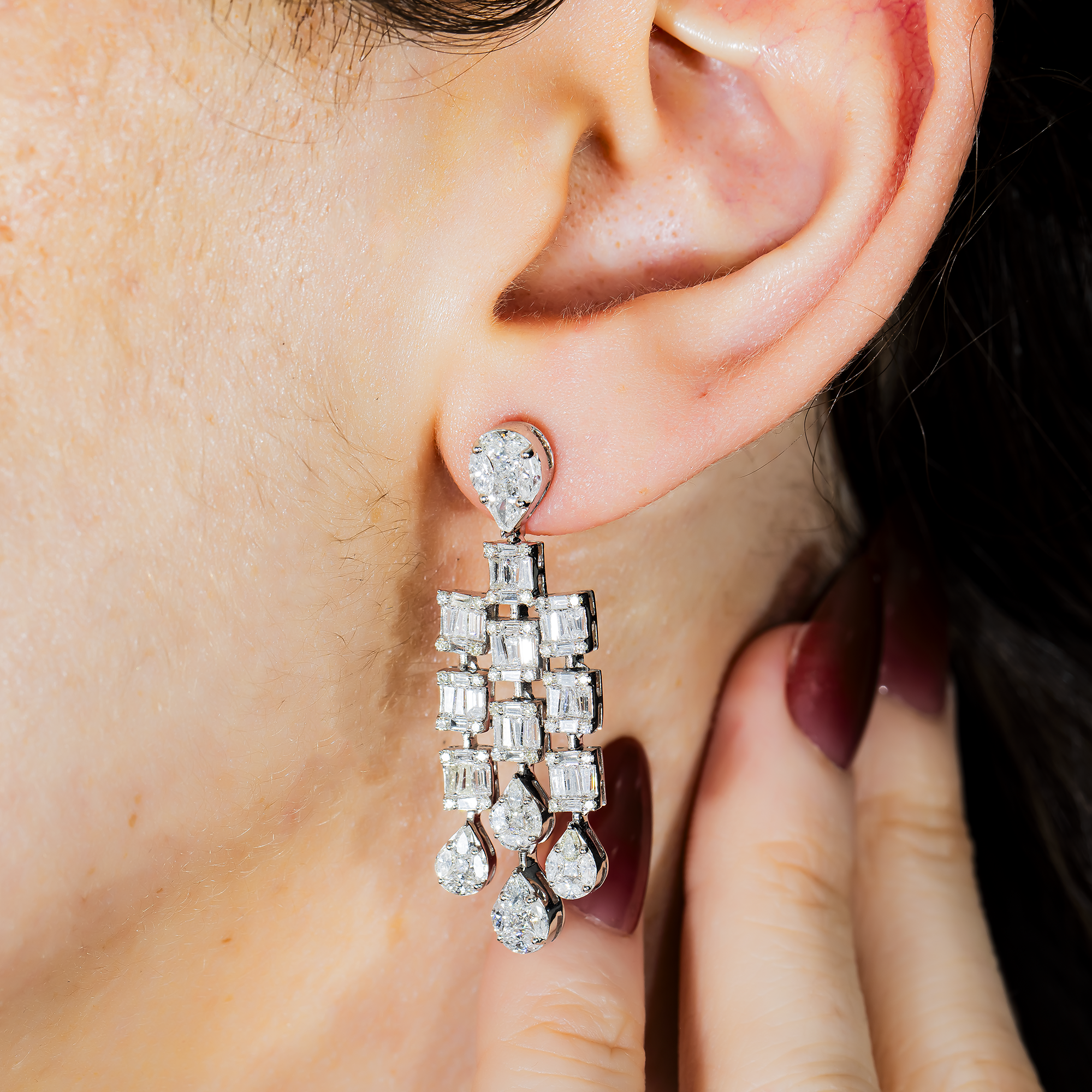 14K White Gold Triple Tier Baguette Diamond Drop Earrings 4.37ctw