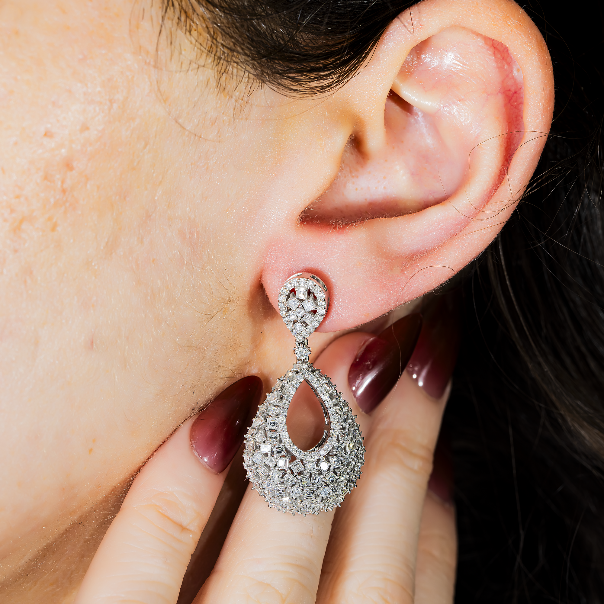 14K White Gold Asscher & Round Cut Drop Earrings 4.23ctw