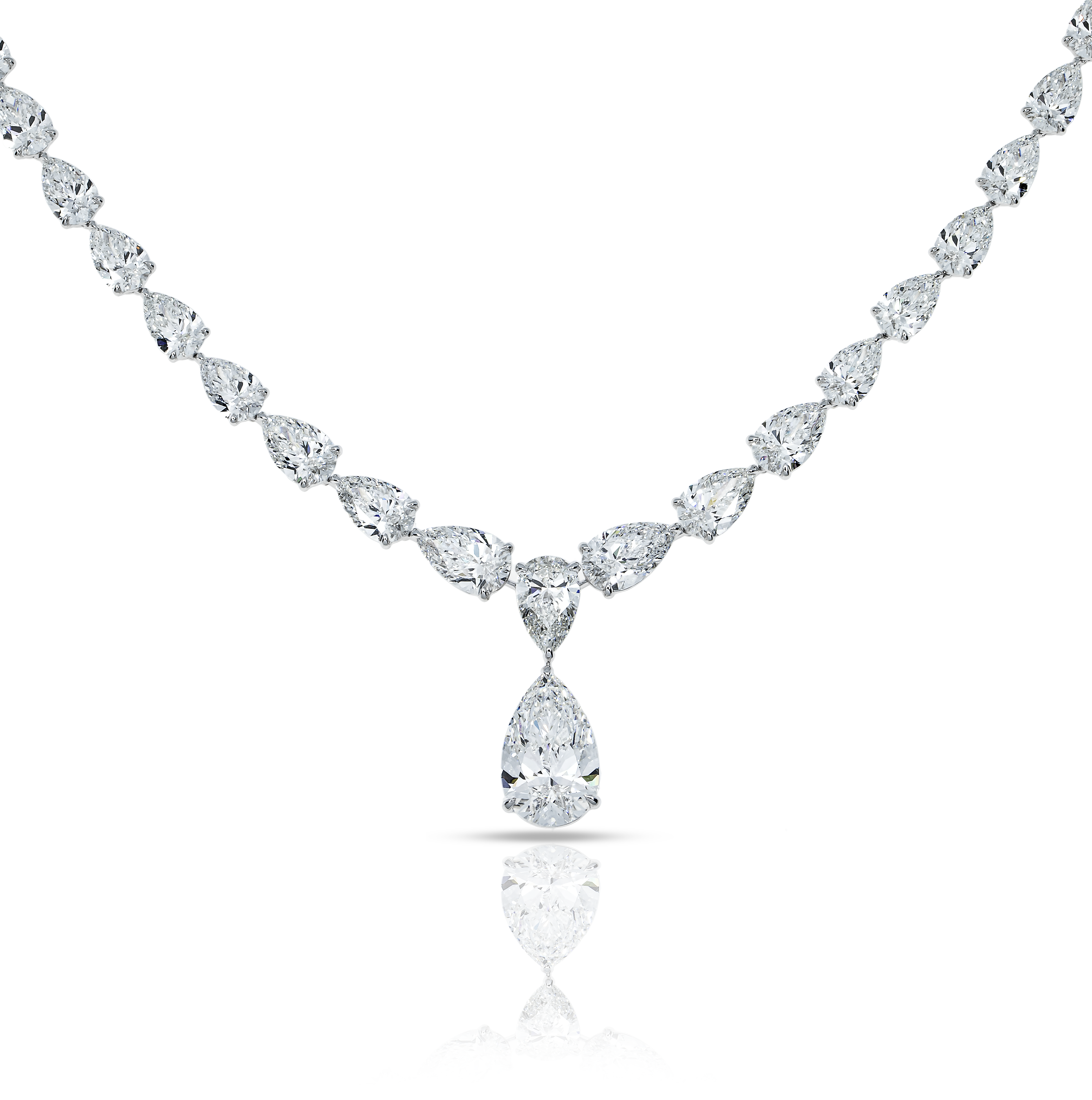 18K White Gold Full Pear Cut Diamond Drop Necklace 56.43Ct Necklace
