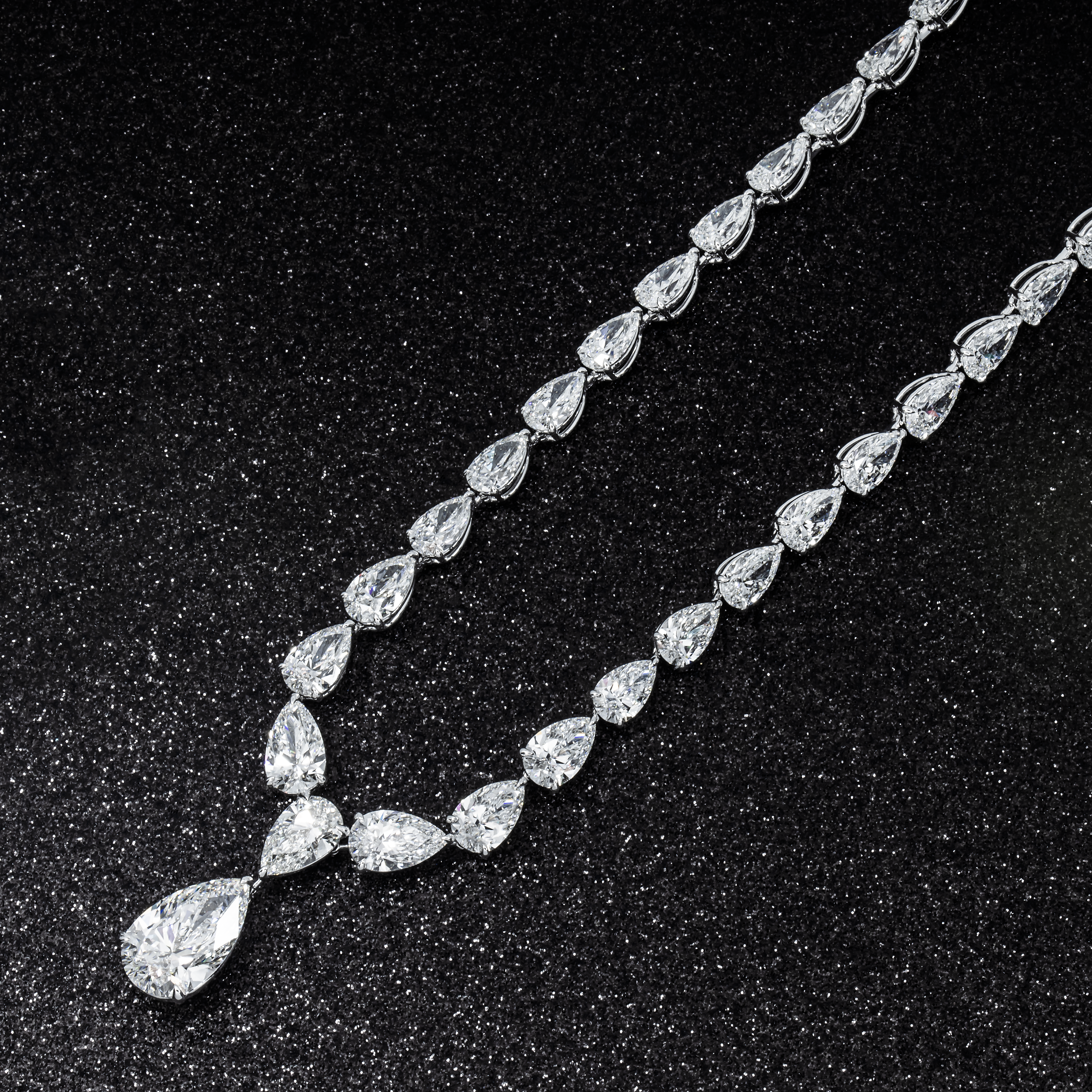 18K White Gold Full Pear Cut Diamond Drop Necklace 56.43Ct Necklace