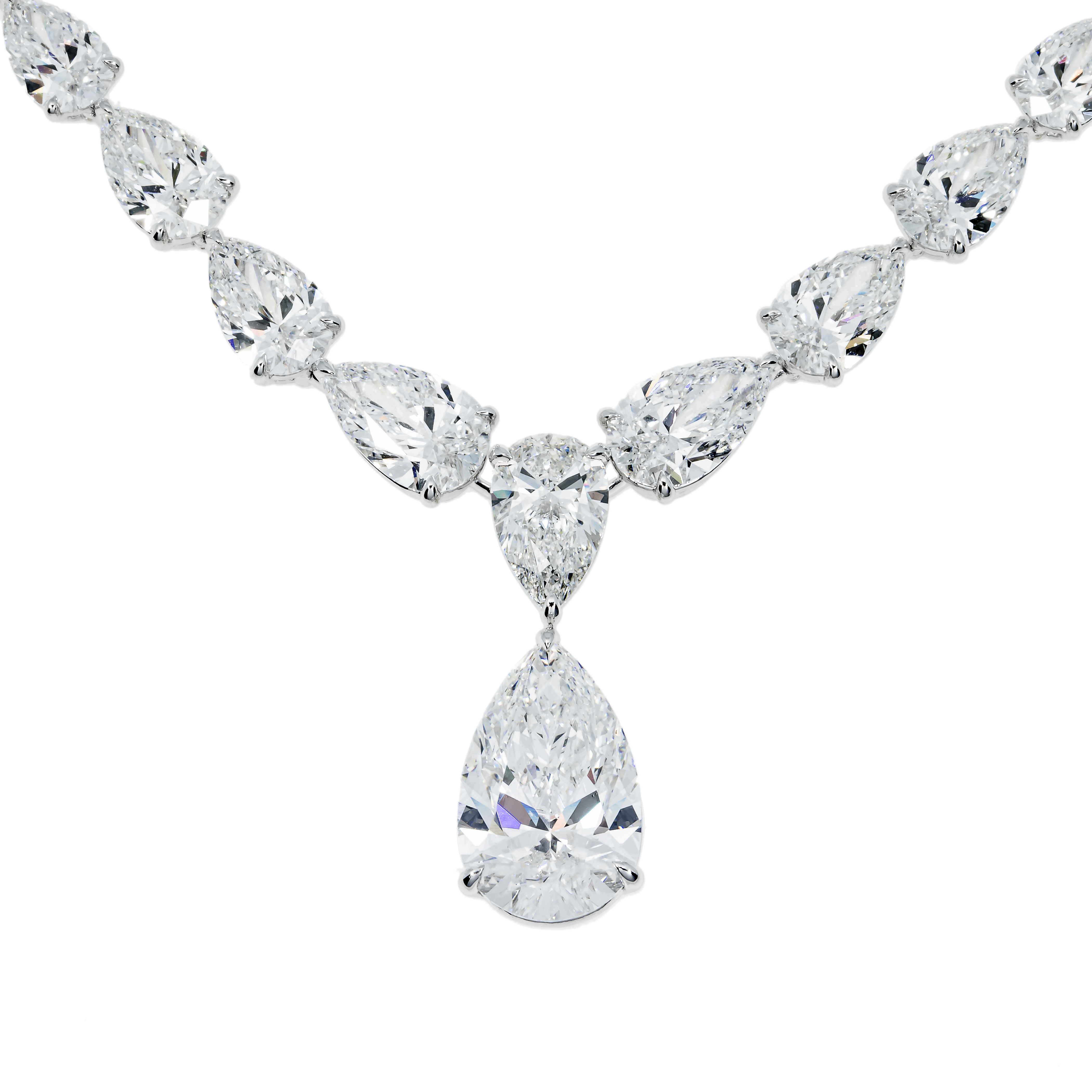 18K White Gold Full Pear Cut Diamond Drop Necklace 56.43Ct Necklace