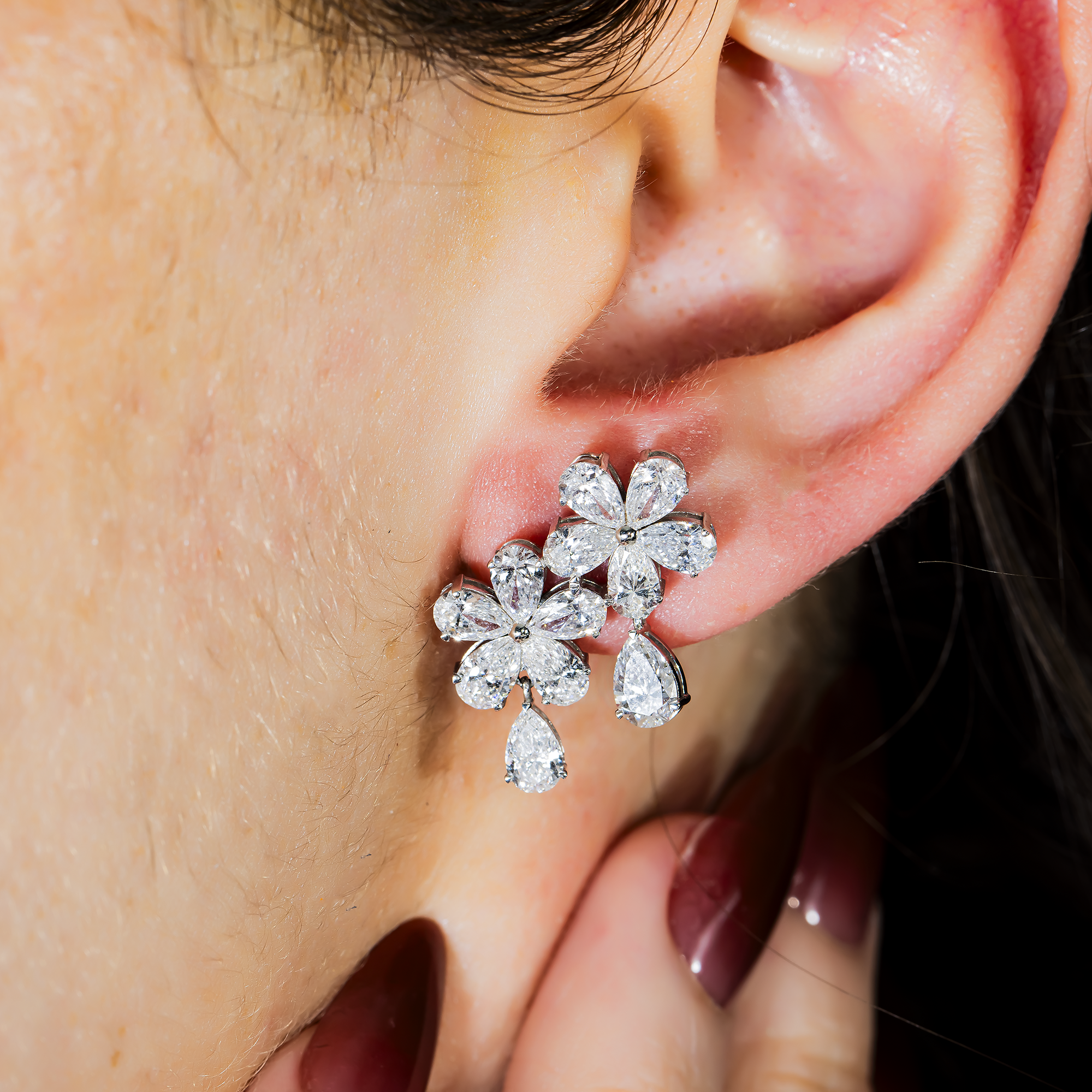 14K White Gold Per Cut Diamond Flower Drop Earrings 5.46ctw