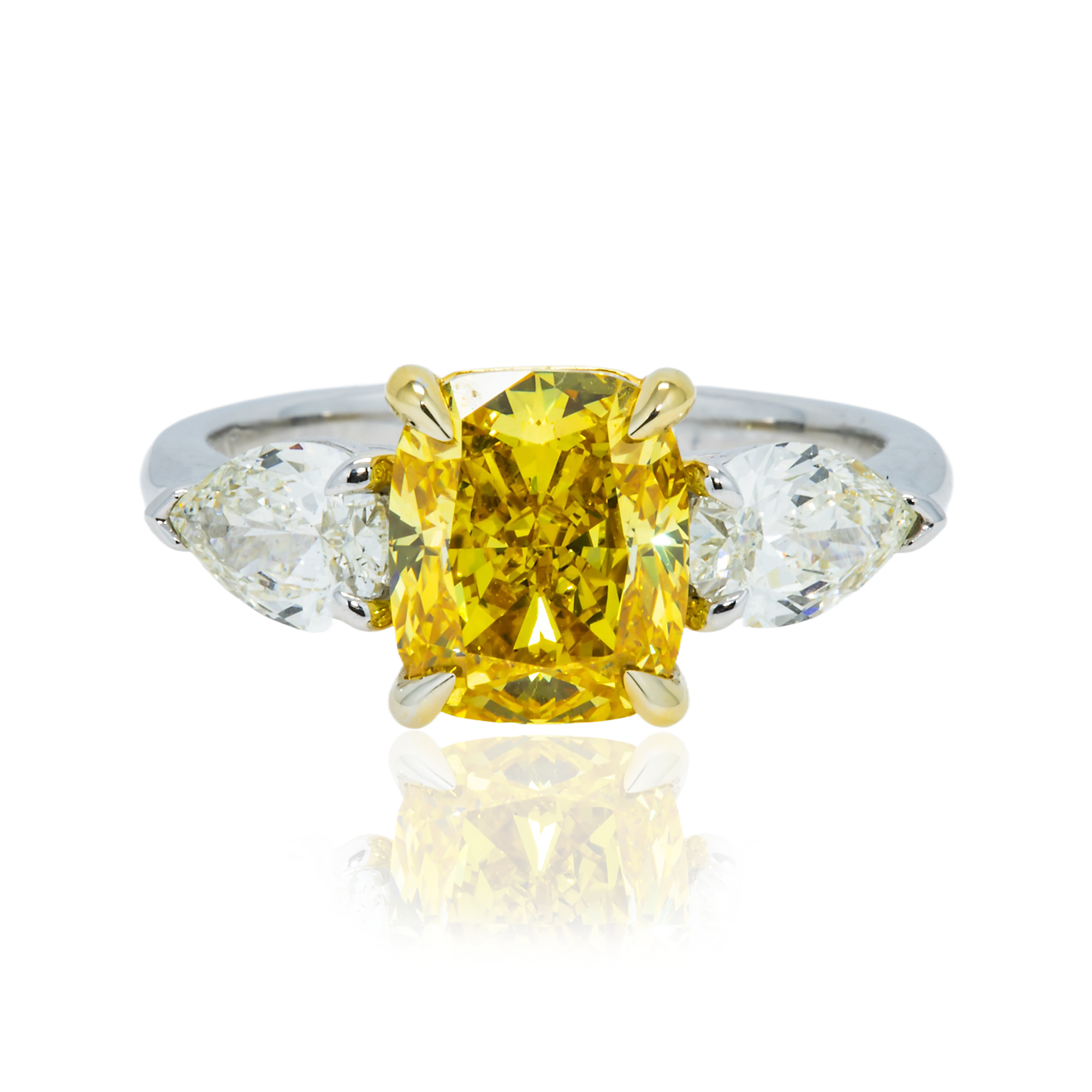 Gia Platinum 2.74Ct Fancy Vivid Yellow Cushion Triple Diamond Engagement Ring 3.74Ctw Bridal