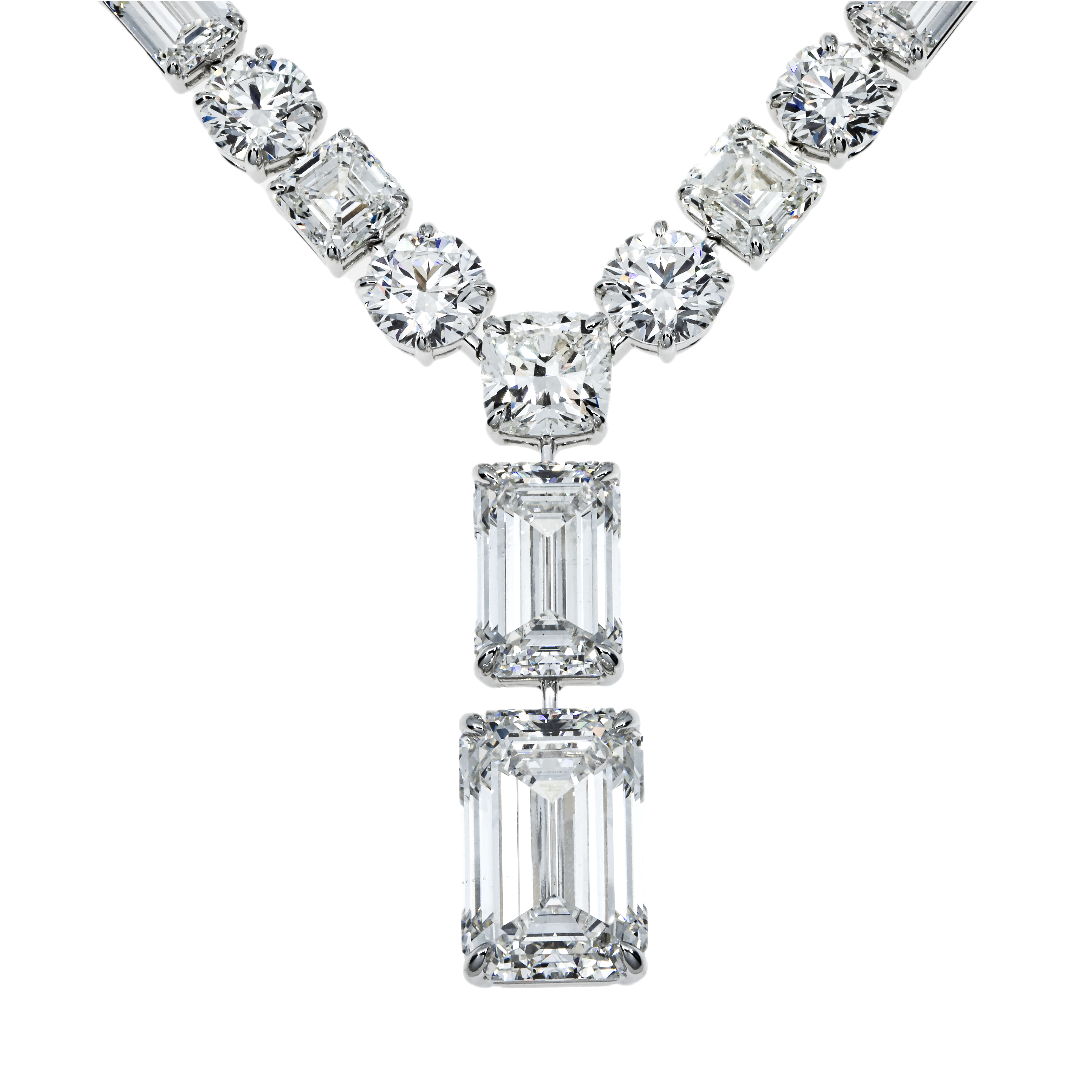 18K White Gold Round & Emerald Cut Diamond Necklace 97.90Ct Necklace